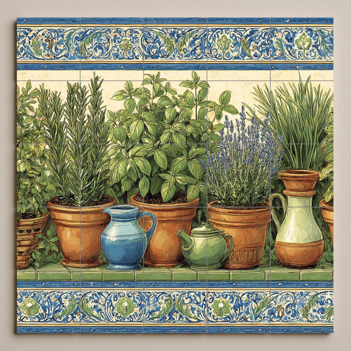 Herb garden tile mural / Rustic Mediterranean wall art / Terracotta pots and fresh herbs / Handmade ceramic decor / Natural kitchen