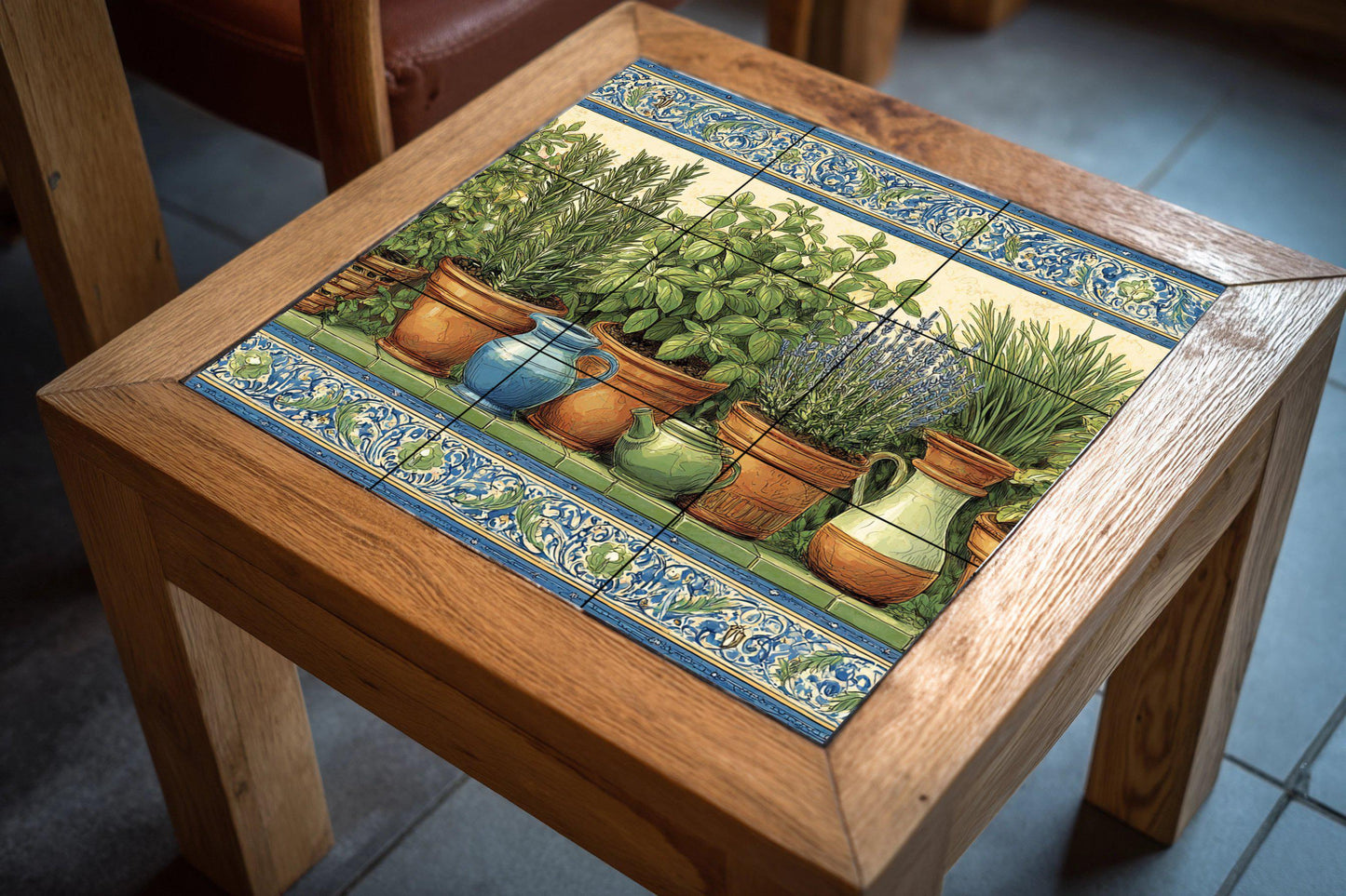 Herb garden tile mural / Rustic Mediterranean wall art / Terracotta pots and fresh herbs / Handmade ceramic decor / Natural kitchen