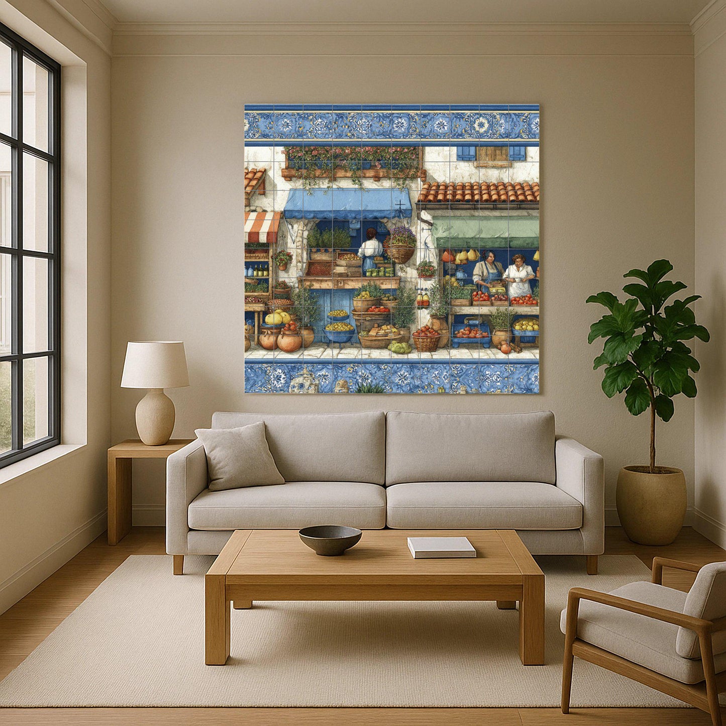 Mediterranean market tile mural / Spanish village scene / Handmade ceramic decoration / Fresh produce and herbs / Rustic Mediterranean accent