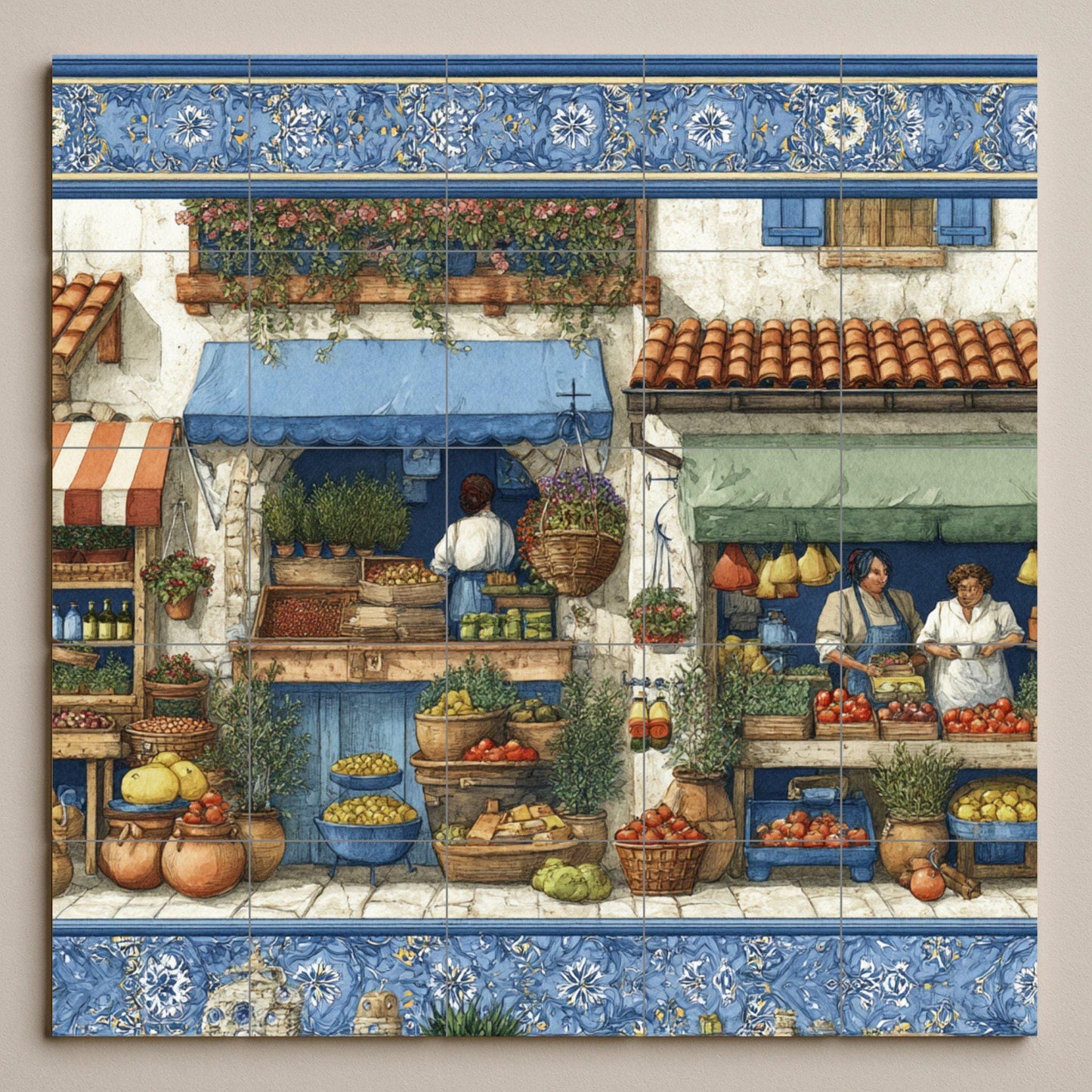 Mediterranean market tile mural / Spanish village scene / Handmade ceramic decoration / Fresh produce and herbs / Rustic Mediterranean accent