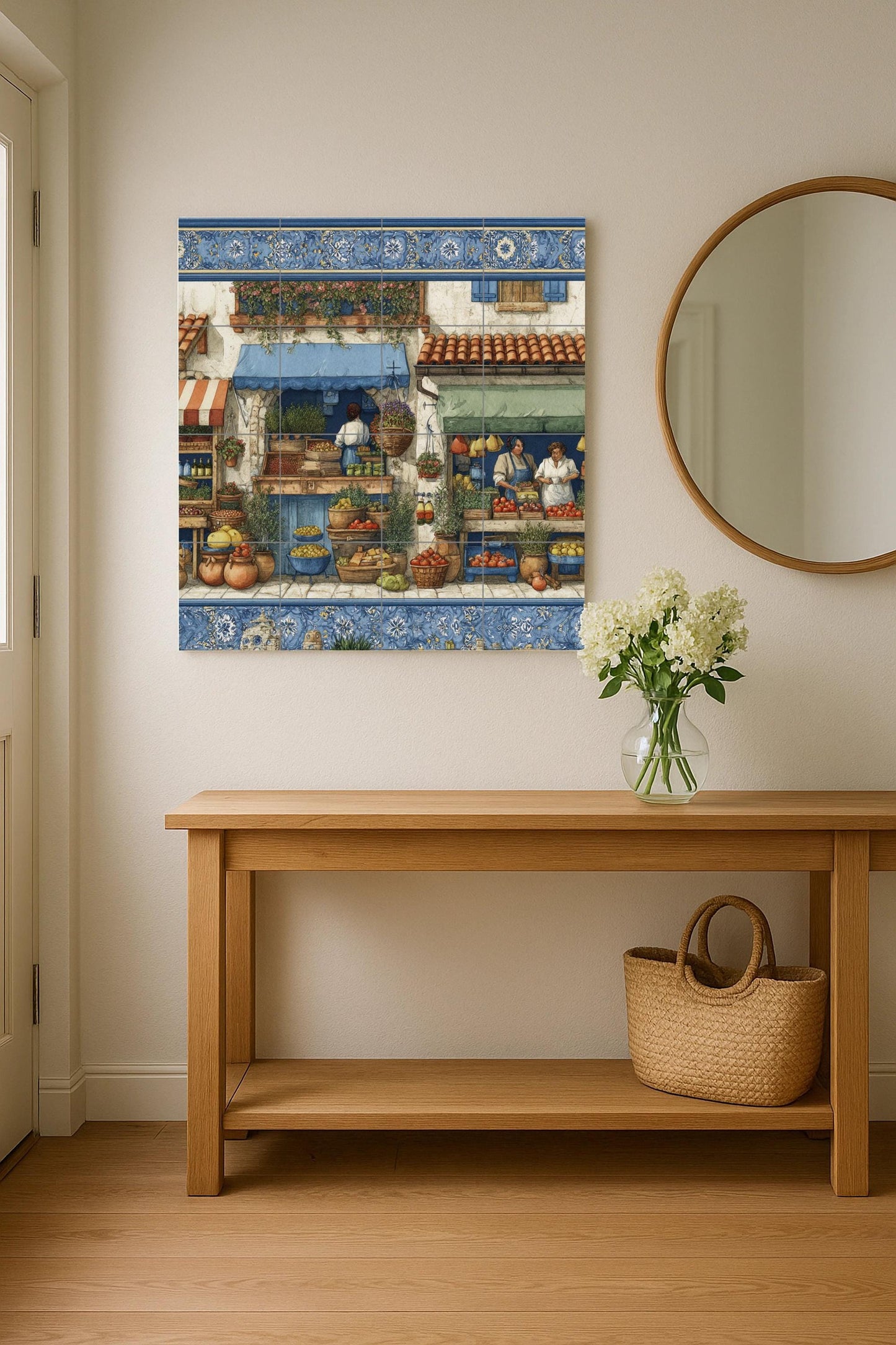 Mediterranean market tile mural / Spanish village scene / Handmade ceramic decoration / Fresh produce and herbs / Rustic Mediterranean accent