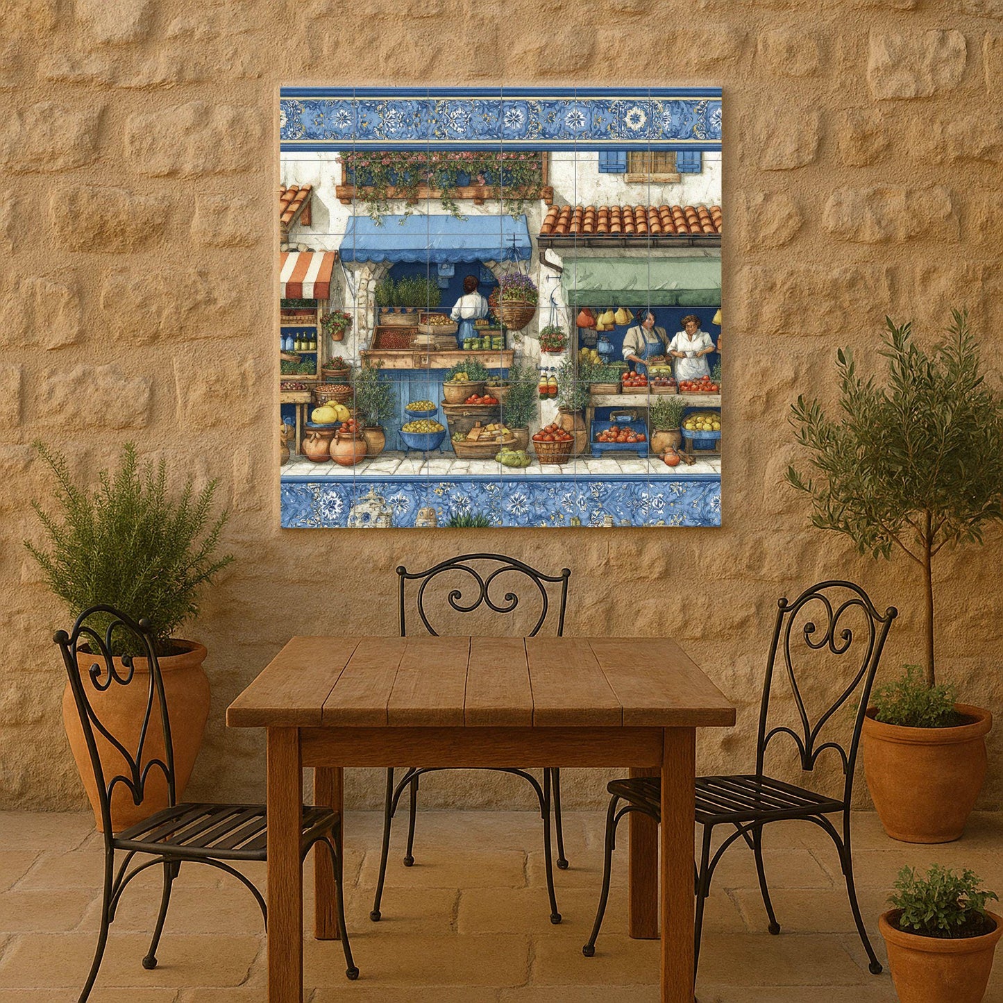 Mediterranean market tile mural / Spanish village scene / Handmade ceramic decoration / Fresh produce and herbs / Rustic Mediterranean accent