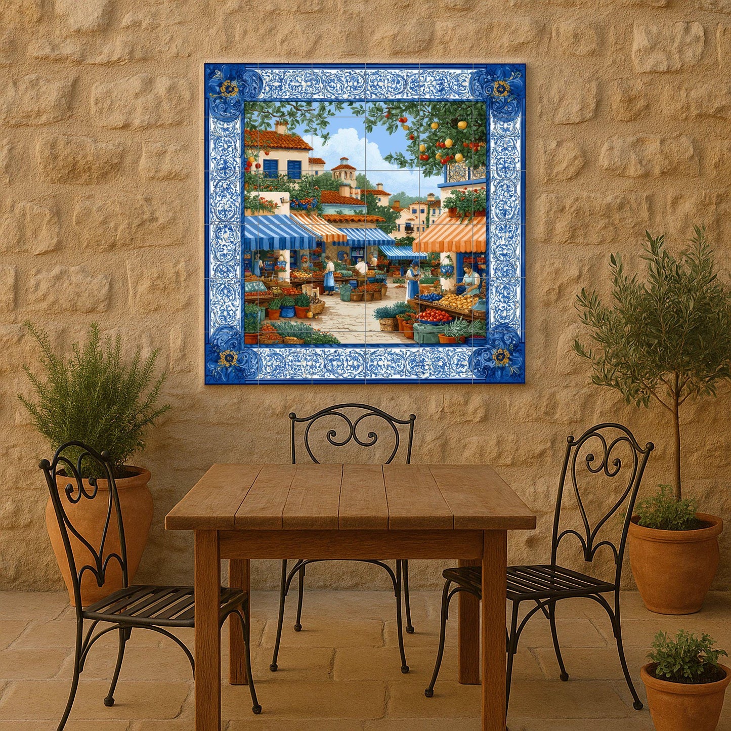 Mediterranean market tile mural / Spanish village scene / Handmade ceramic decoration / Colorful market stalls / Rustic Mediterranean accent