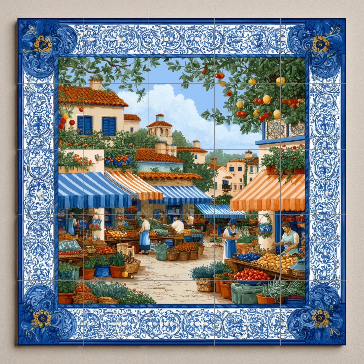 Mediterranean market tile mural / Spanish village scene / Handmade ceramic decoration / Colorful market stalls / Rustic Mediterranean accent