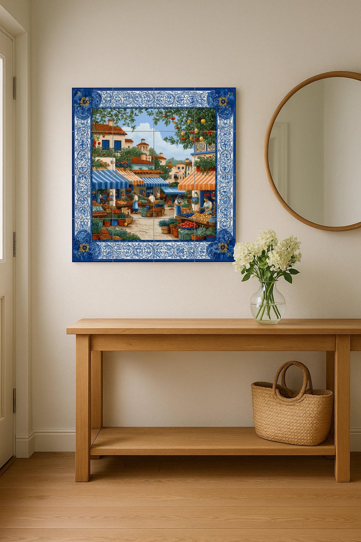Mediterranean market tile mural / Spanish village scene / Handmade ceramic decoration / Colorful market stalls / Rustic Mediterranean accent