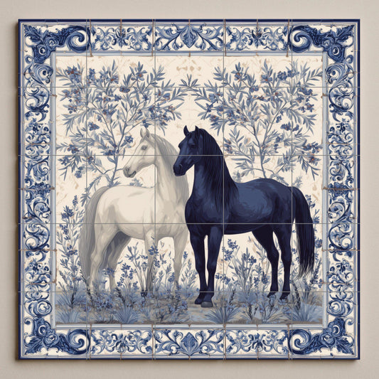 Equestrian tile mural / Black and white horses with floral motifs / Mediterranean wall art / Handmade ceramics / Elegant decor