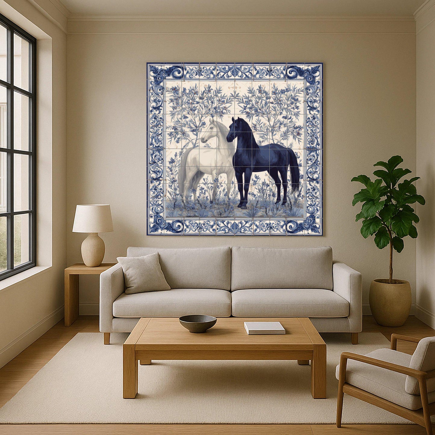 Equestrian tile mural / Black and white horses with floral motifs / Mediterranean wall art / Handmade ceramics / Elegant decor