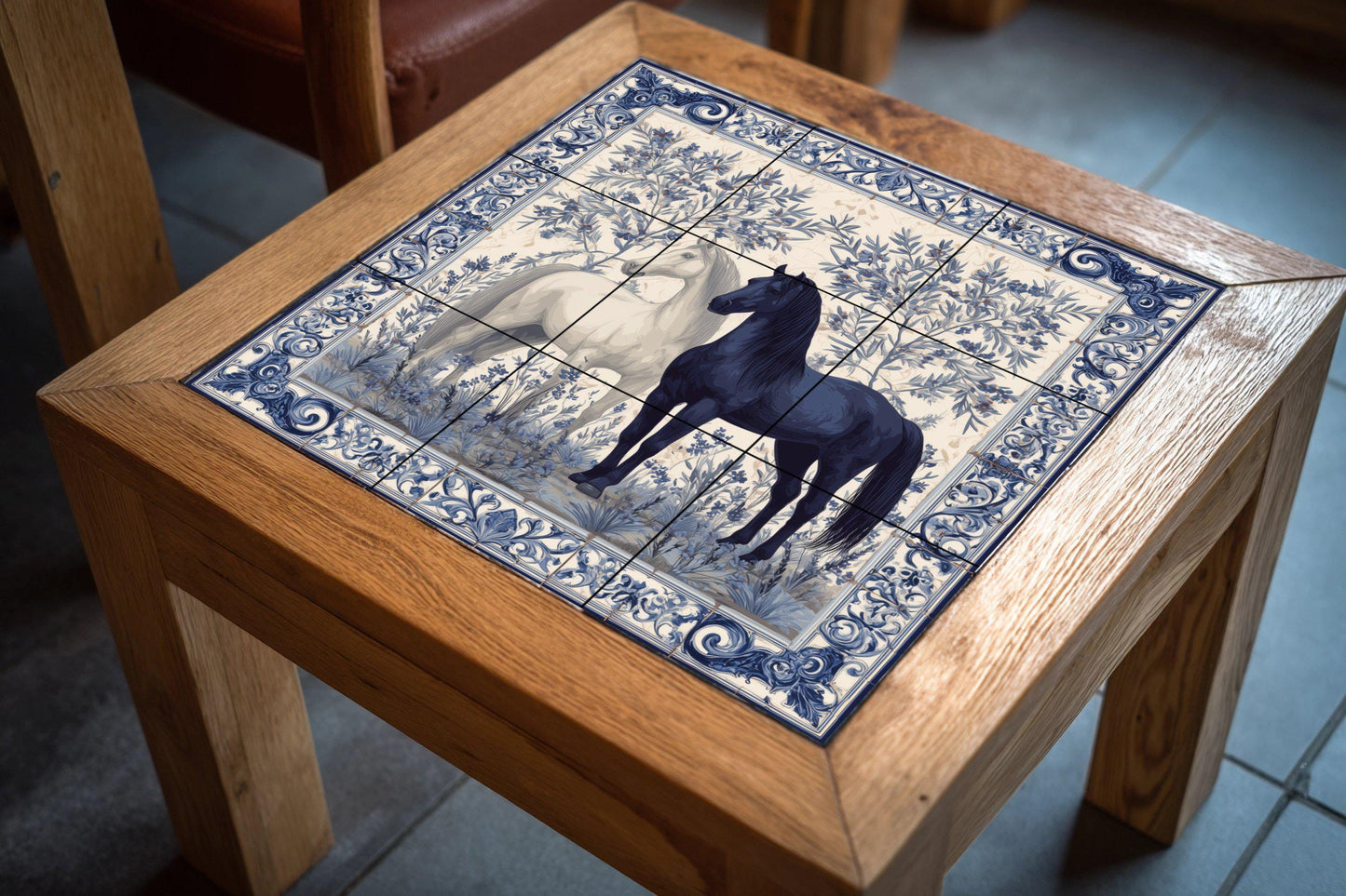 Equestrian tile mural / Black and white horses with floral motifs / Mediterranean wall art / Handmade ceramics / Elegant decor