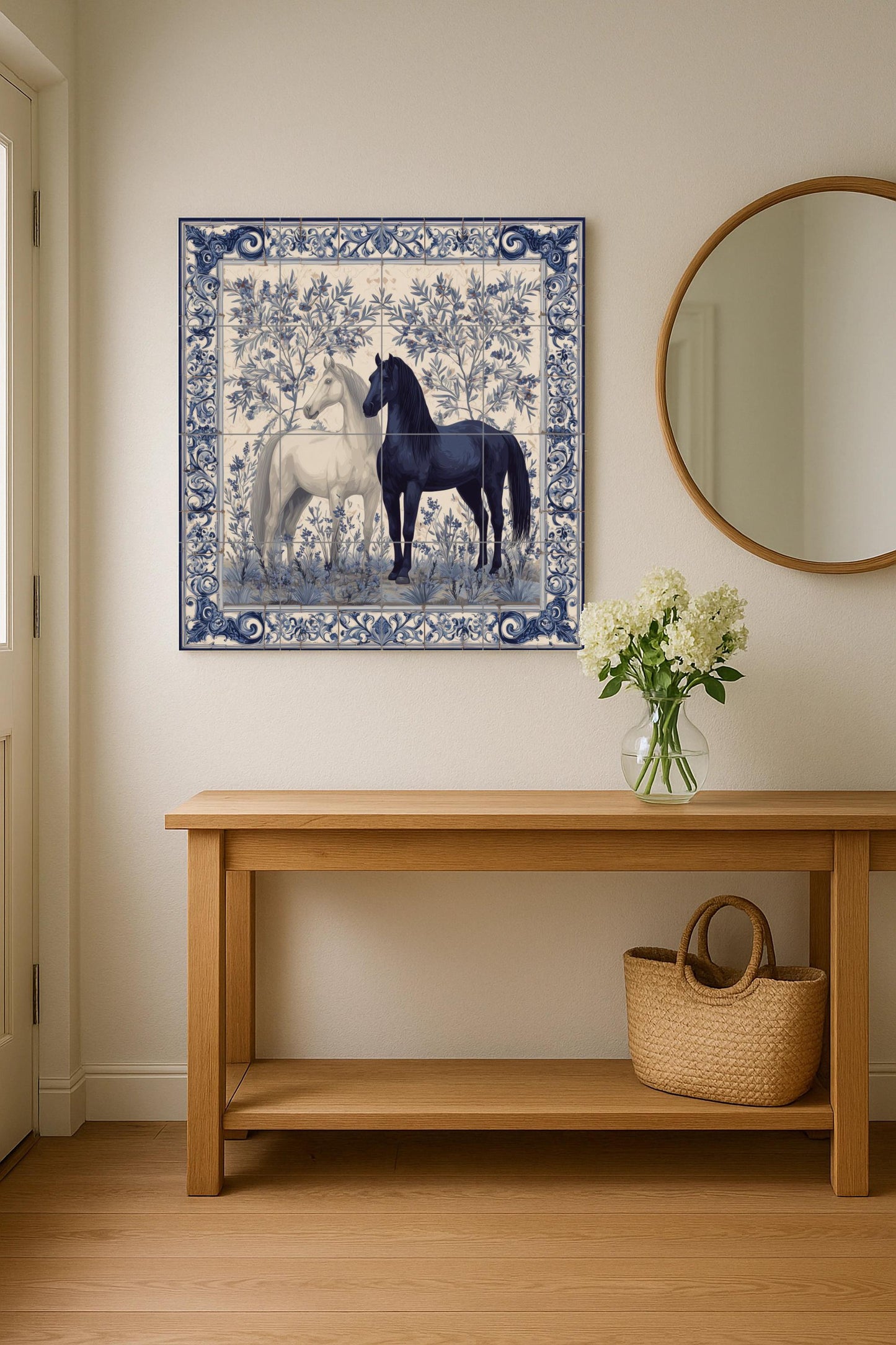 Equestrian tile mural / Black and white horses with floral motifs / Mediterranean wall art / Handmade ceramics / Elegant decor