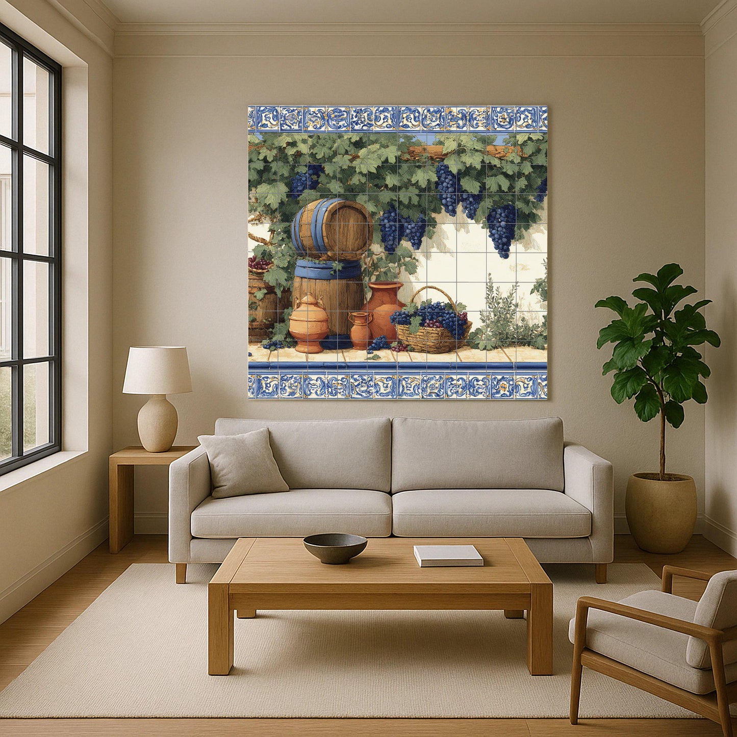 Vineyard tile mural / Mediterranean wall art / Vine and barrel scene / Handmade ceramic decor / Rustic Mediterranean accent