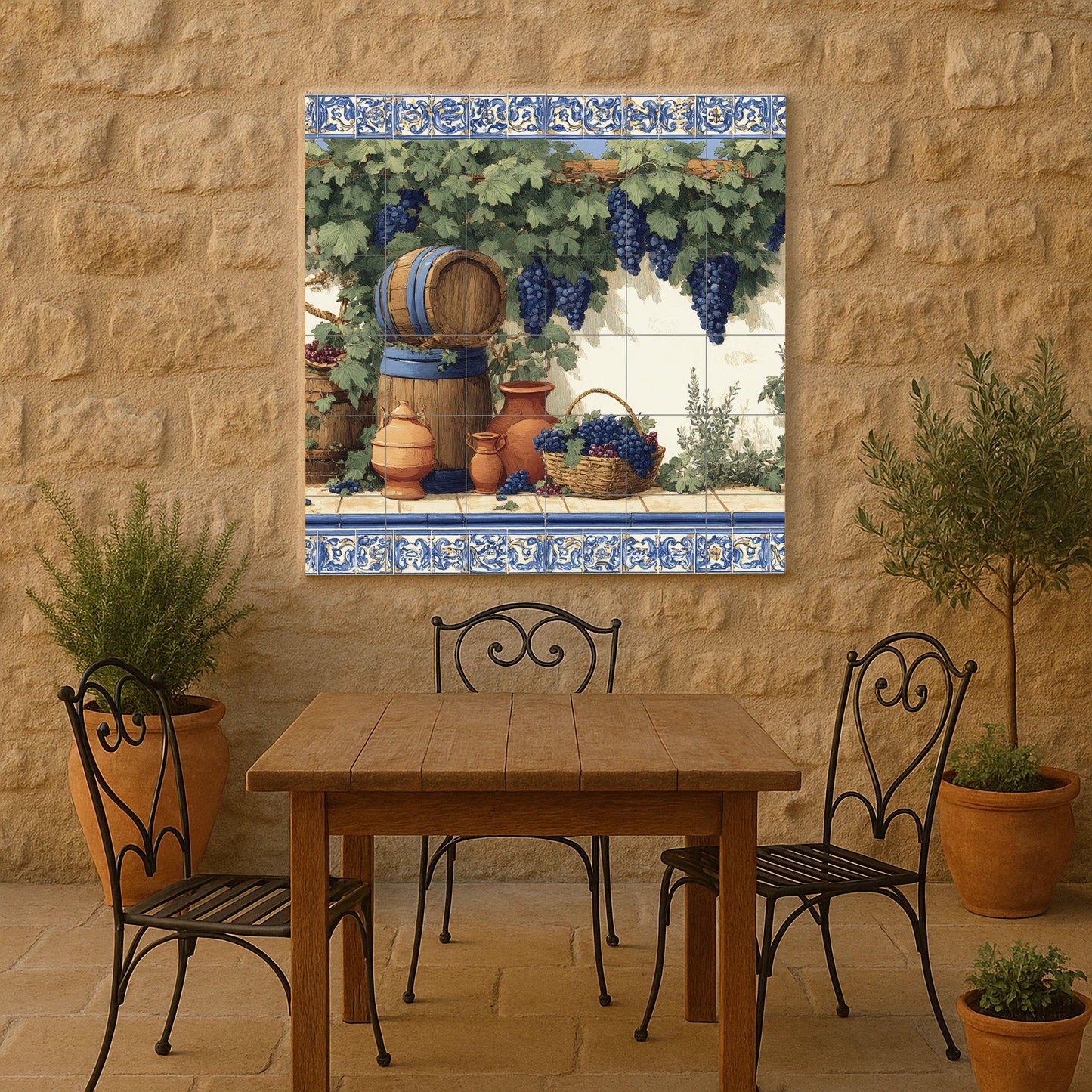 Vineyard tile mural / Mediterranean wall art / Vine and barrel scene / Handmade ceramic decor / Rustic Mediterranean accent