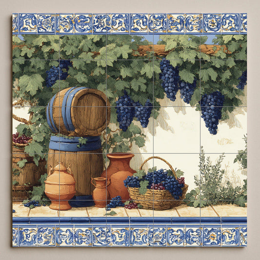 Vineyard tile mural / Mediterranean wall art / Vine and barrel scene / Handmade ceramic decor / Rustic Mediterranean accent