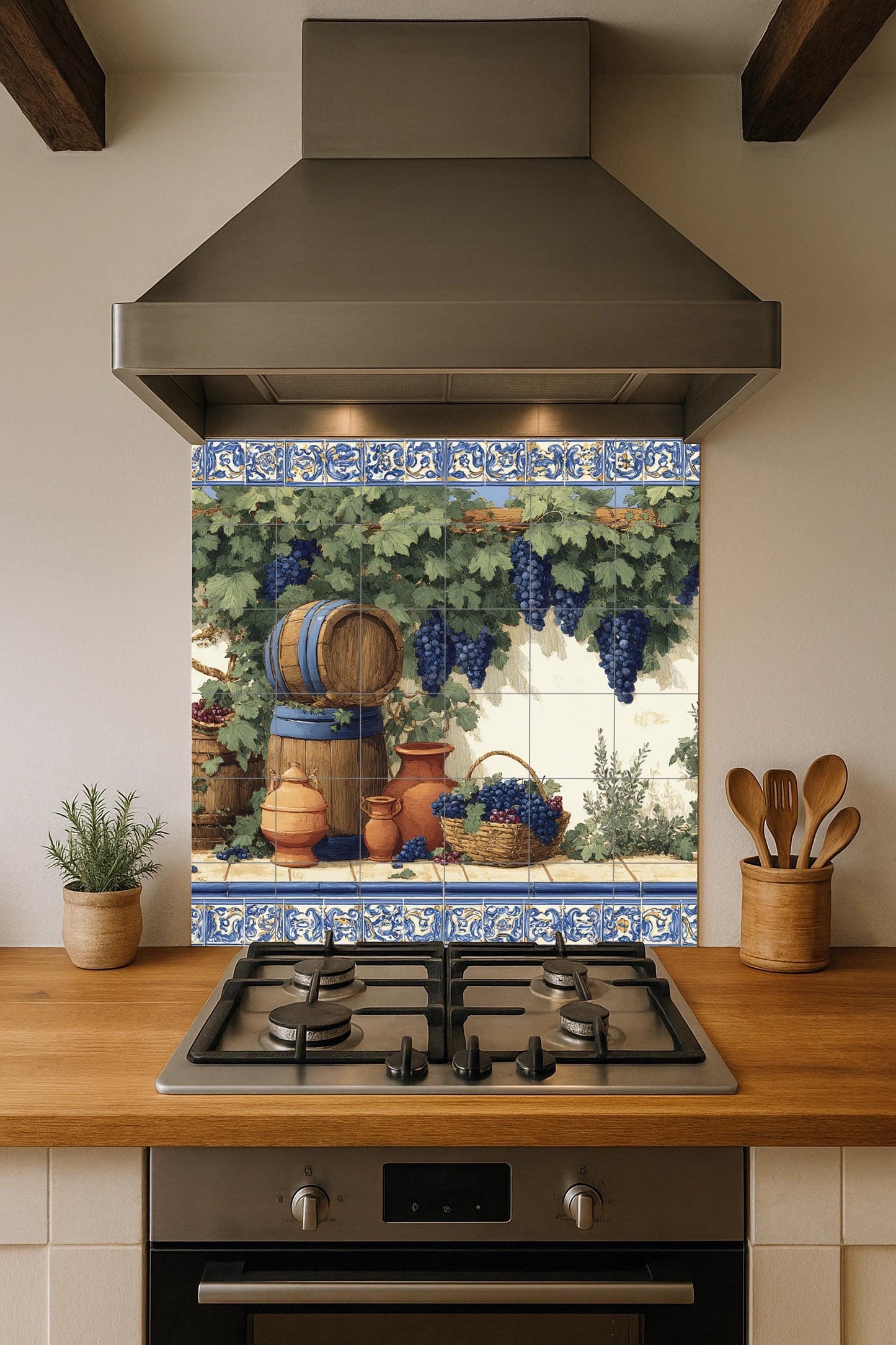 Vineyard tile mural / Mediterranean wall art / Vine and barrel scene / Handmade ceramic decor / Rustic Mediterranean accent