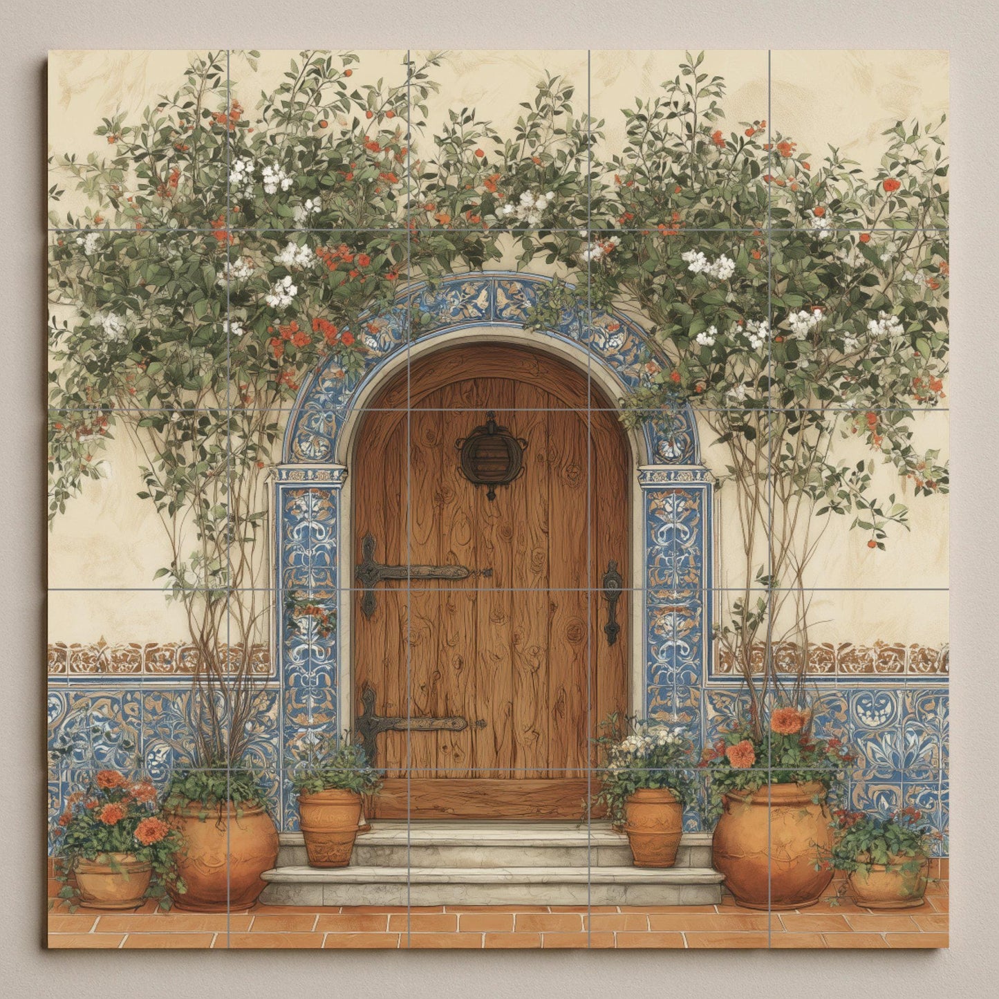 Spanish tile mural for door / Mediterranean wall art / Rustic entrance with tile scene / Handmade ceramic decor / Spanish patio decor