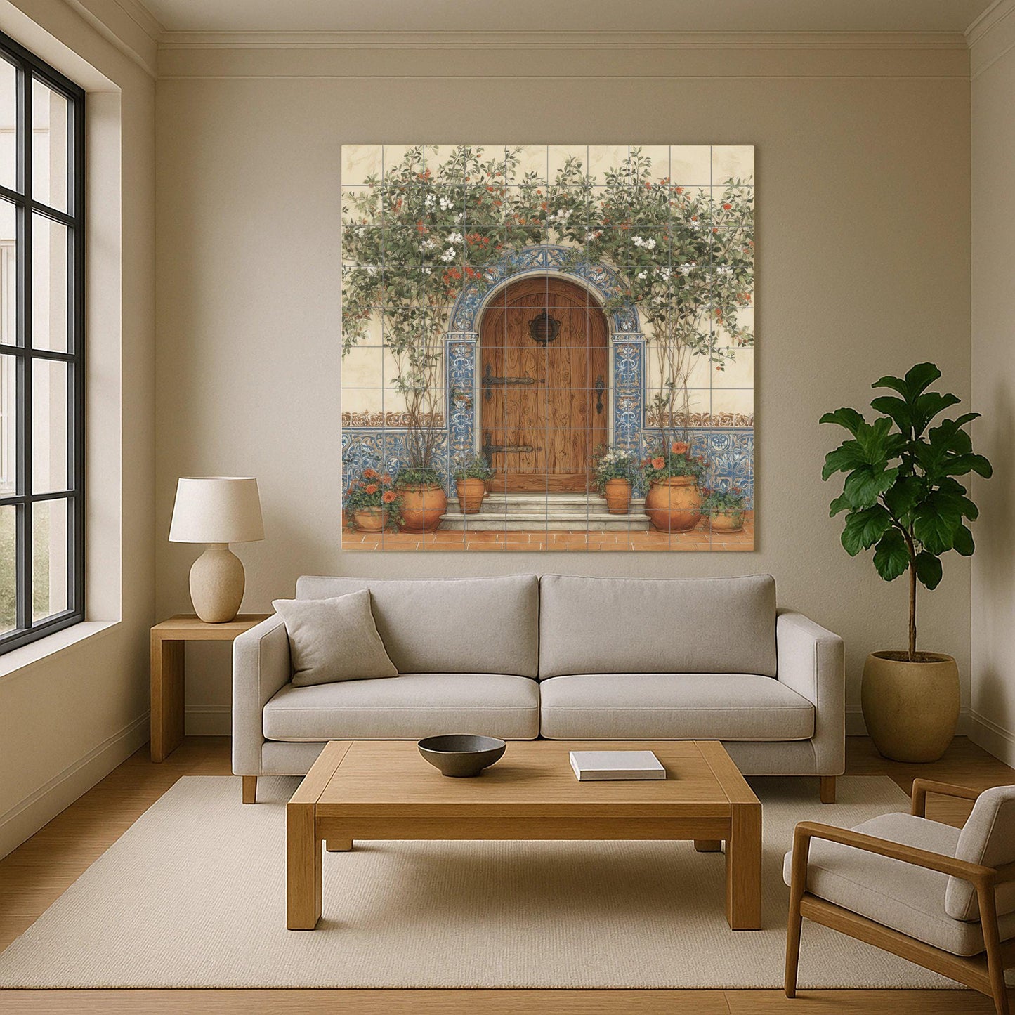 Spanish tile mural for door / Mediterranean wall art / Rustic entrance with tile scene / Handmade ceramic decor / Spanish patio decor