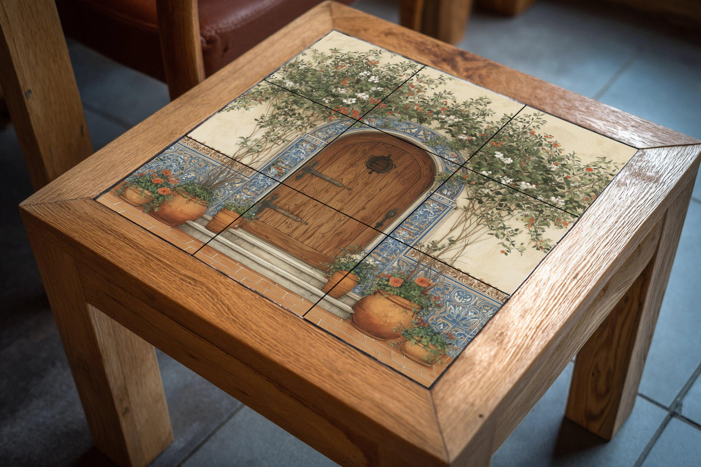 Spanish tile mural for door / Mediterranean wall art / Rustic entrance with tile scene / Handmade ceramic decor / Spanish patio decor