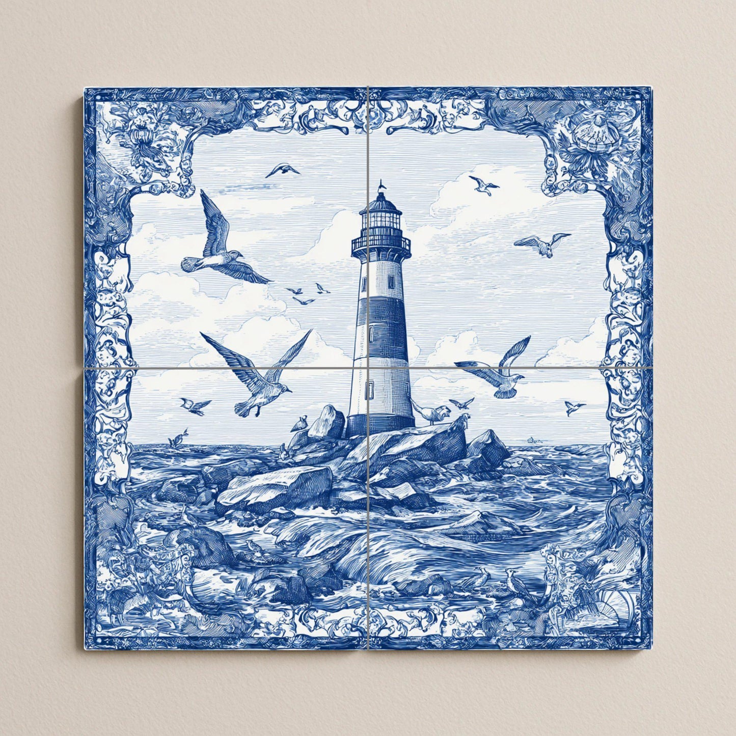 Lighthouse tile mural / Nautical wall art / Ocean wave maritime decor / Handmade ceramic accent / Coastal home decor