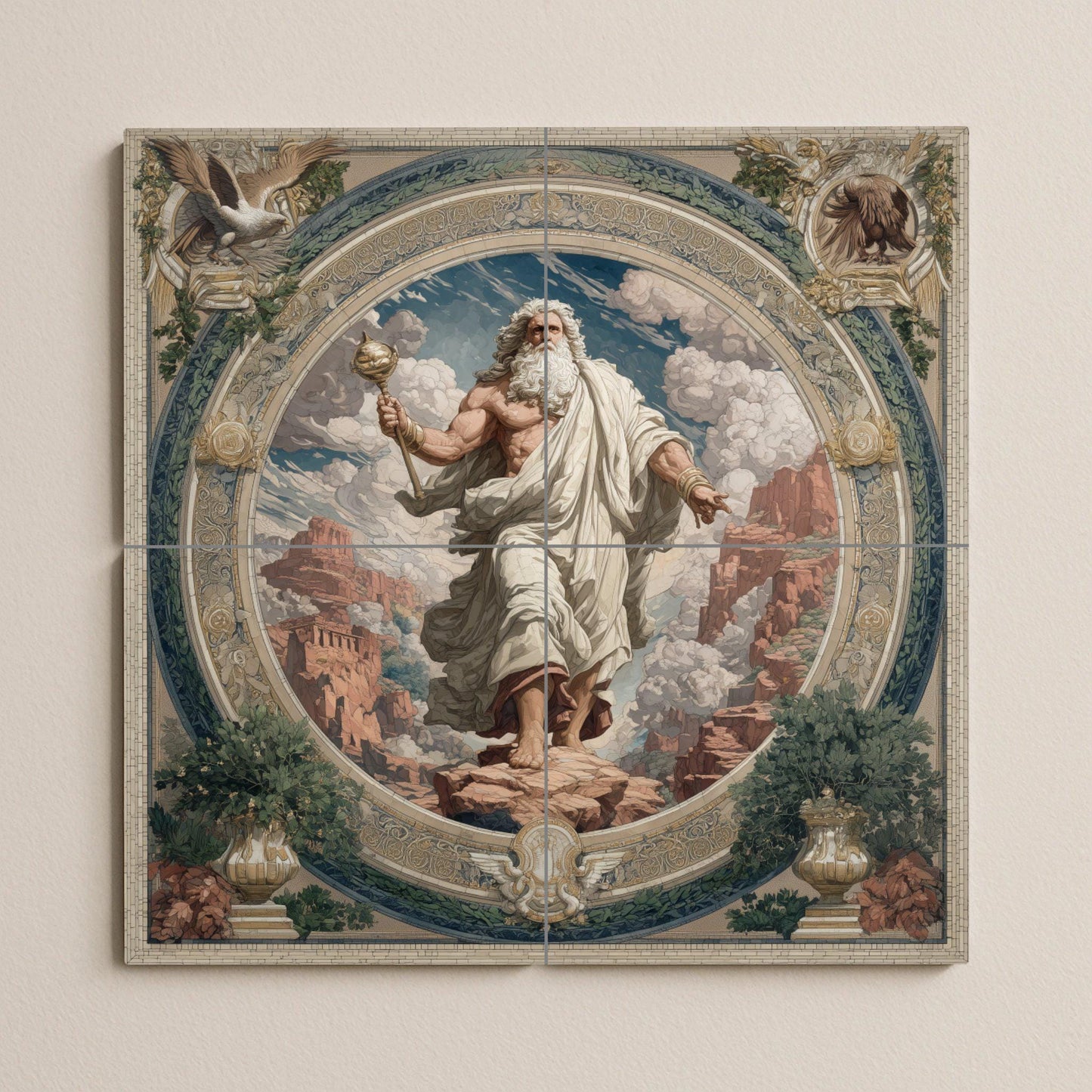 Zeus tile mural / Greek mythology wall art / Lightning and Olympus scene / Mediterranean artisan decor / Classical Greek accents