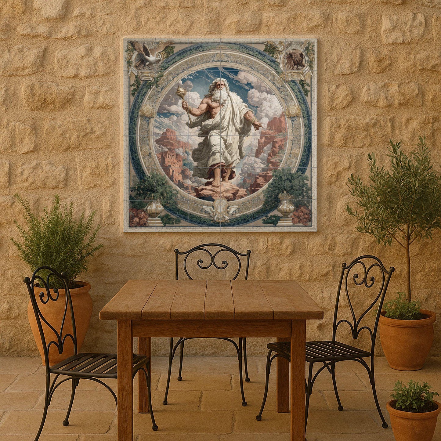 Zeus tile mural / Greek mythology wall art / Lightning and Olympus scene / Mediterranean artisan decor / Classical Greek accents