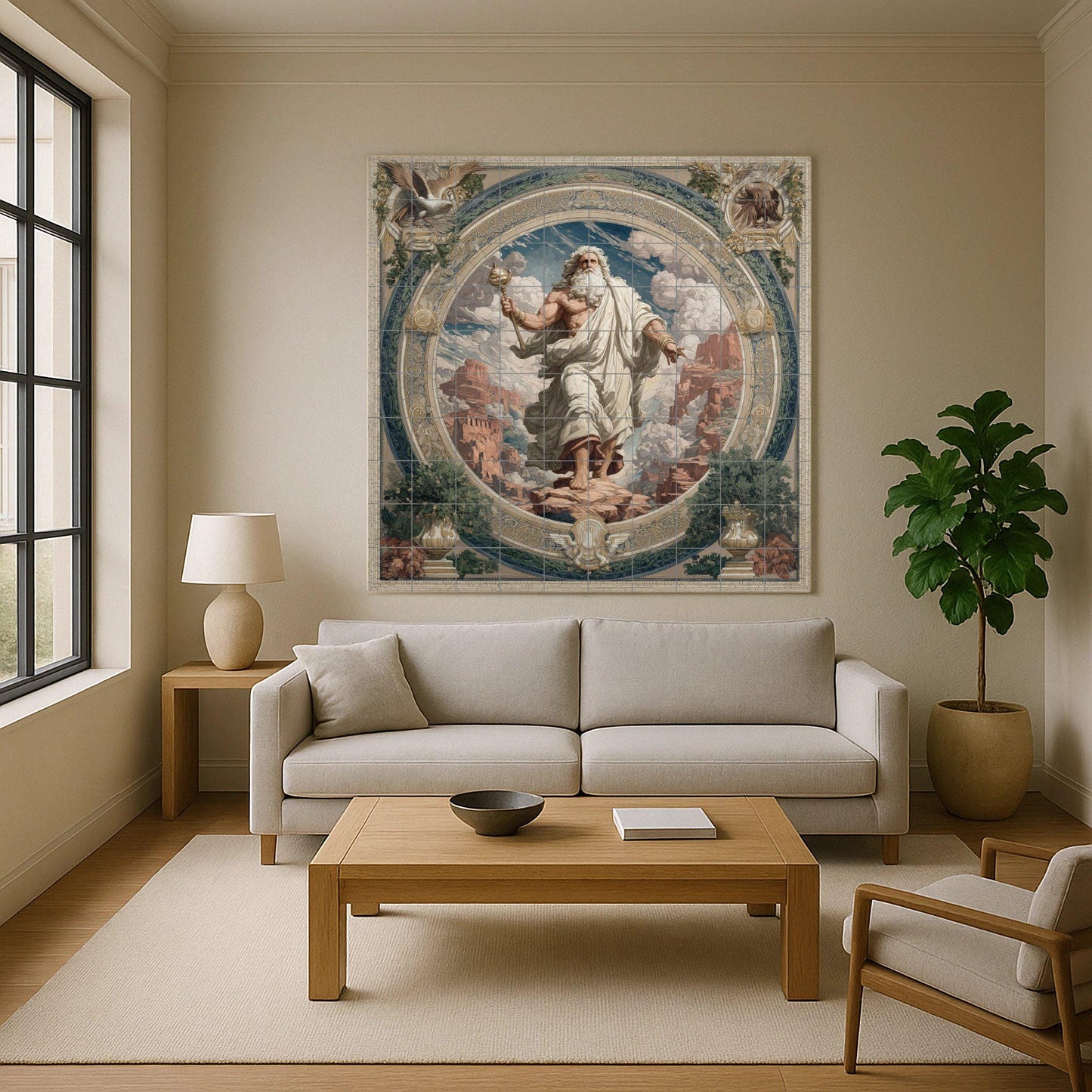 Zeus tile mural / Greek mythology wall art / Lightning and Olympus scene / Mediterranean artisan decor / Classical Greek accents