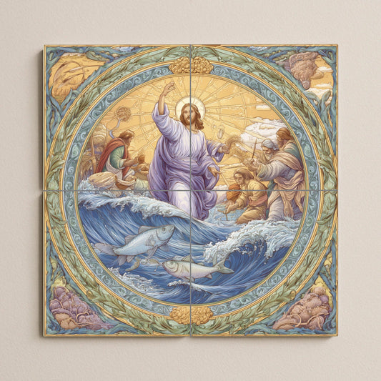 Tile mural "The Miracle of the Fish" / Biblical mural art / Scene of Christ and the fishermen / Mediterranean ceramic decoration / Handcrafted faith accent