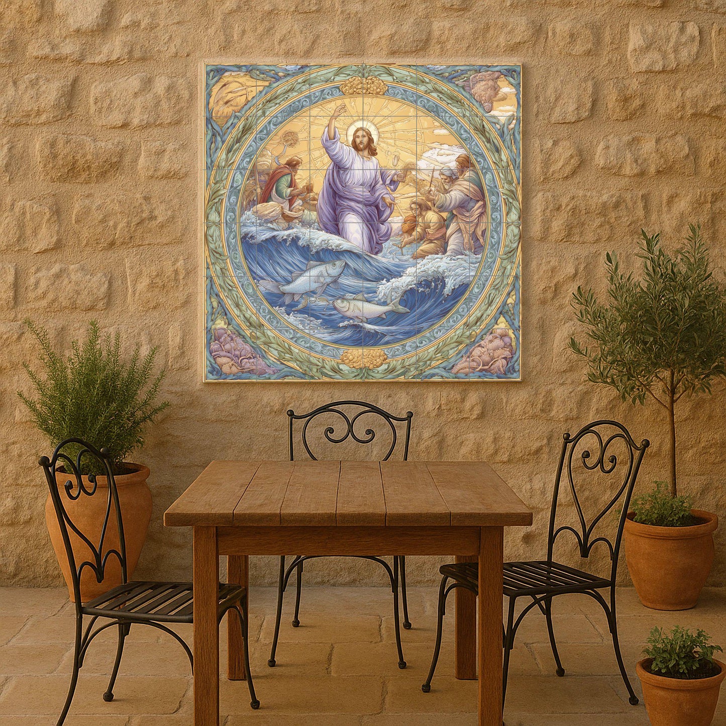 Tile mural "The Miracle of the Fish" / Biblical mural art / Scene of Christ and the fishermen / Mediterranean ceramic decoration / Handcrafted faith accent