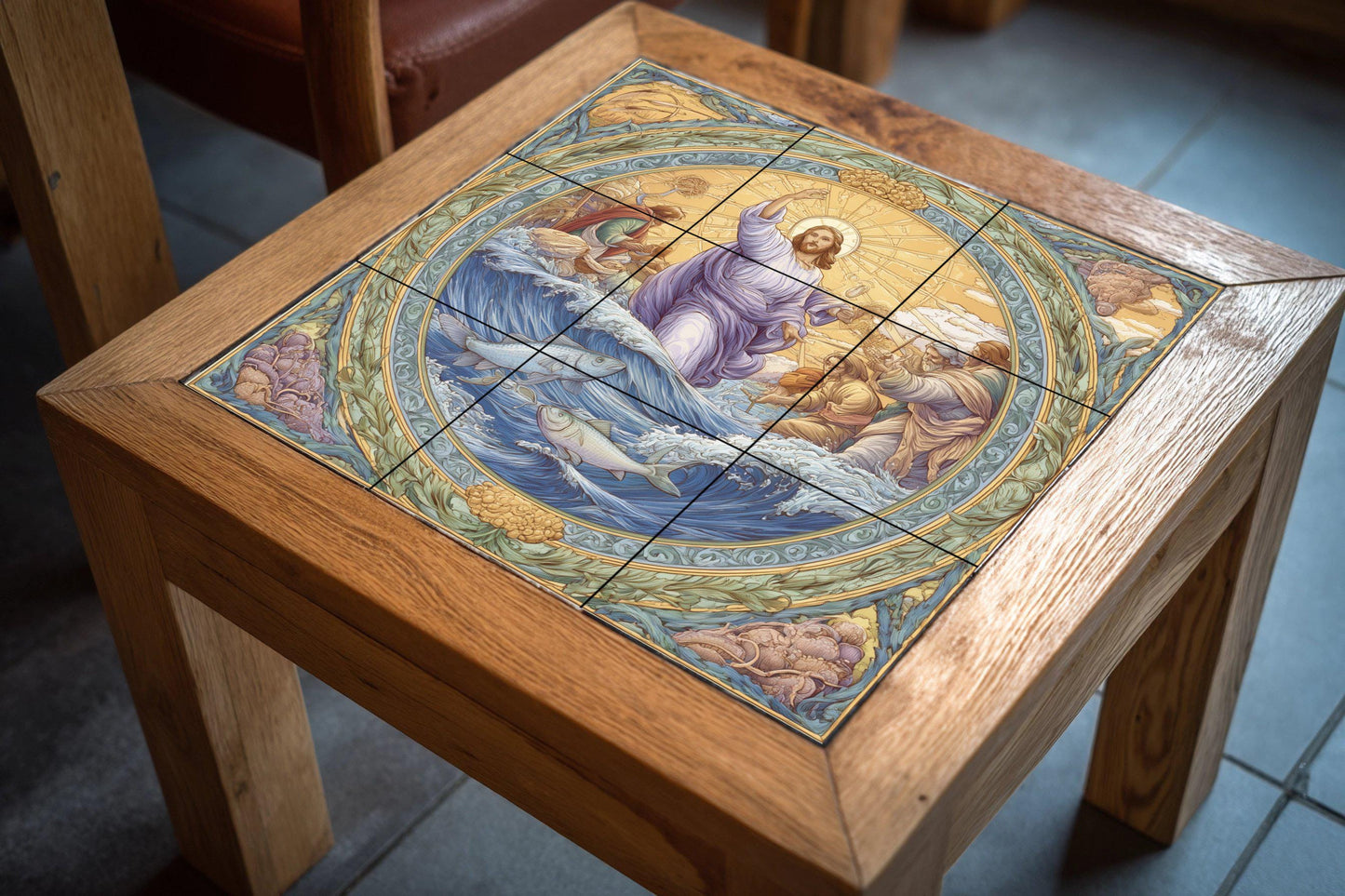 Tile mural "The Miracle of the Fish" / Biblical mural art / Scene of Christ and the fishermen / Mediterranean ceramic decoration / Handcrafted faith accent