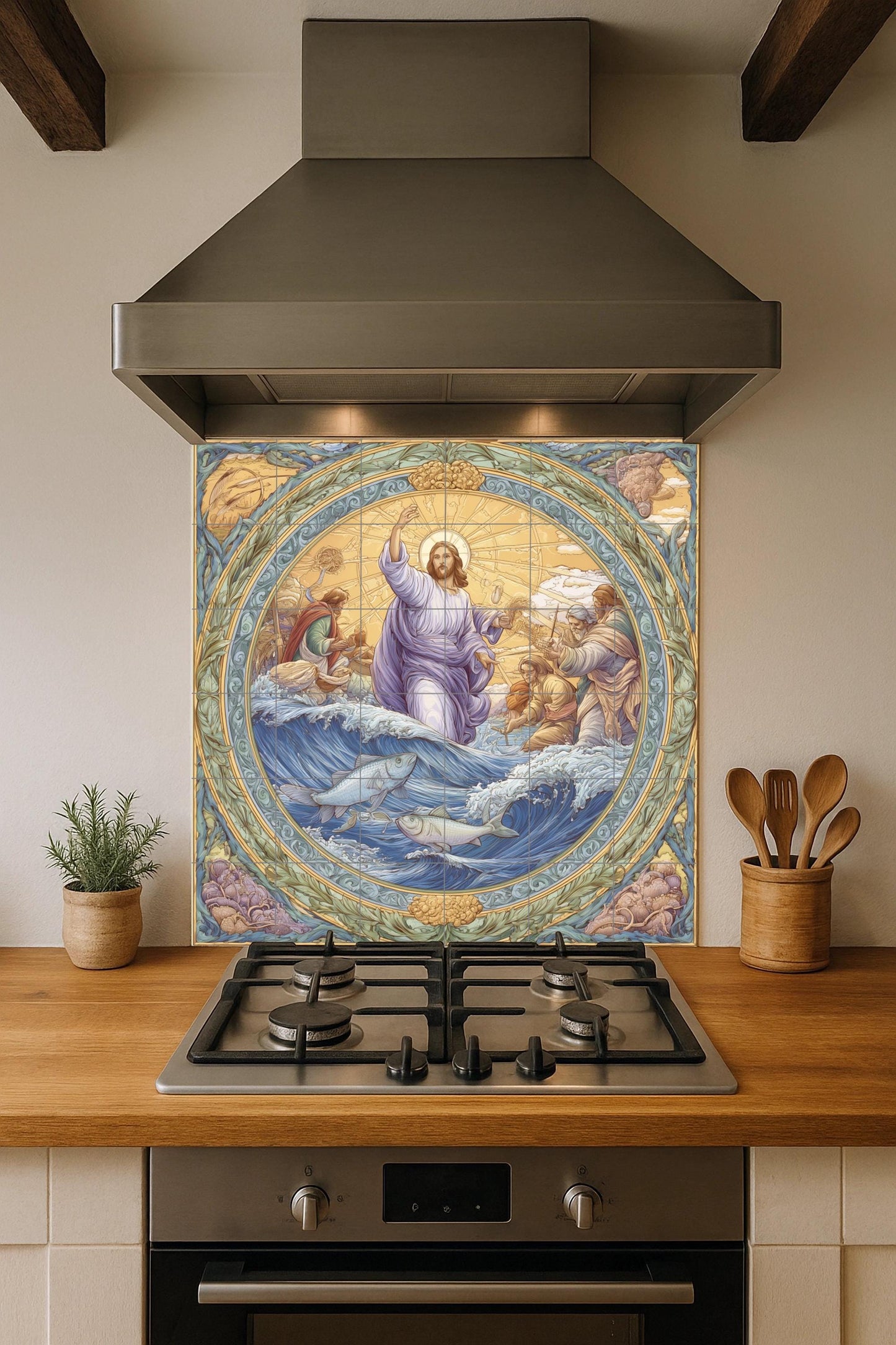 Tile mural "The Miracle of the Fish" / Biblical mural art / Scene of Christ and the fishermen / Mediterranean ceramic decoration / Handcrafted faith accent