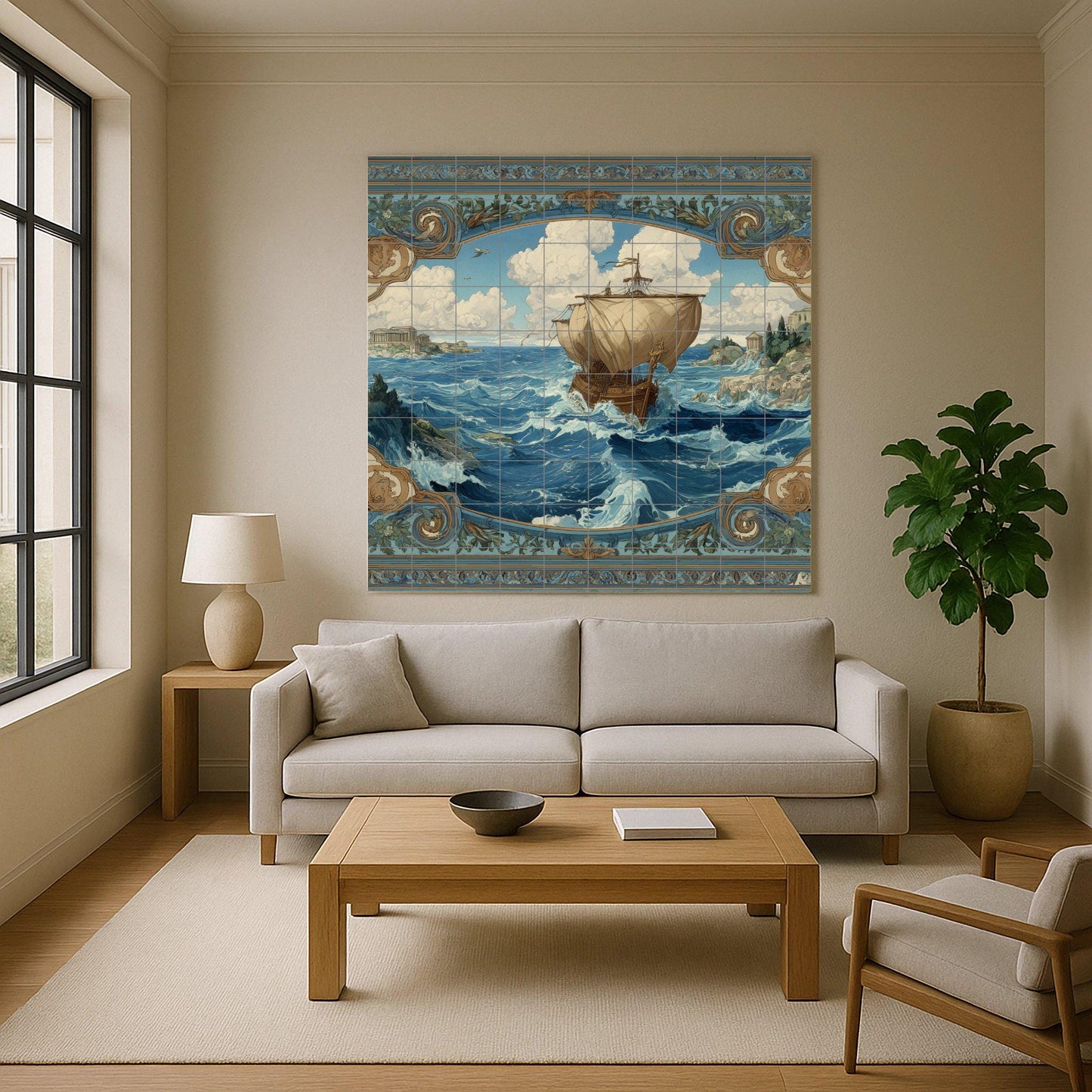 Odyssey tile mural / Greek ship and stormy seas / Nautical wall art / Mediterranean decor / Handcrafted ceramic accent / Mythological scene