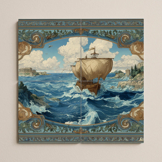 Odyssey tile mural / Greek ship and stormy seas / Nautical wall art / Mediterranean decor / Handcrafted ceramic accent / Mythological scene