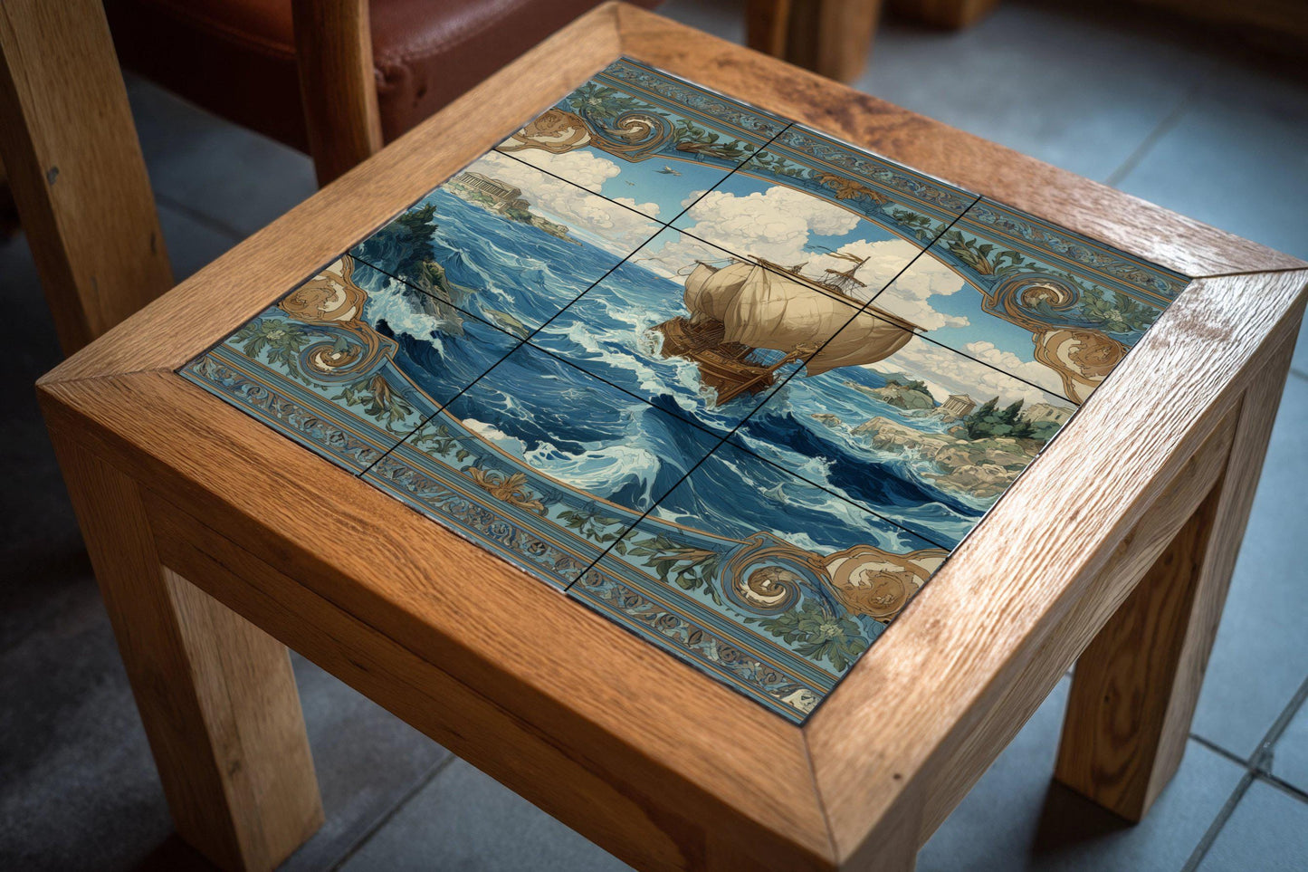 Odyssey tile mural / Greek ship and stormy seas / Nautical wall art / Mediterranean decor / Handcrafted ceramic accent / Mythological scene