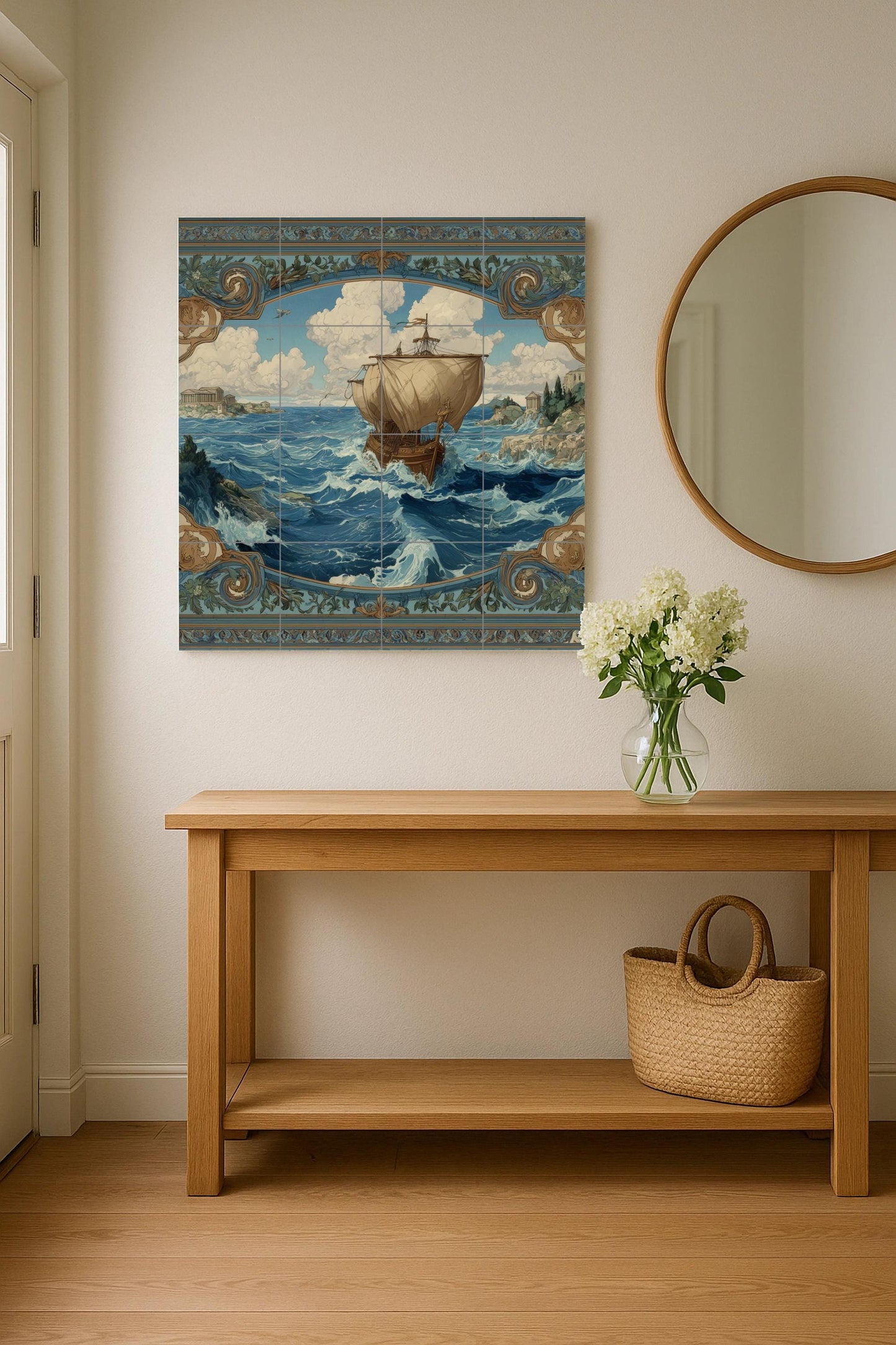 Odyssey tile mural / Greek ship and stormy seas / Nautical wall art / Mediterranean decor / Handcrafted ceramic accent / Mythological scene
