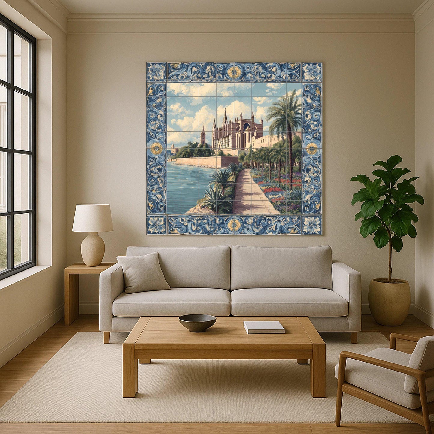 Tile mural of Palma Cathedral / Mediterranean mural art / Emblematic Spanish decoration / Gothic architectural scene / Handcrafted ceramic accent