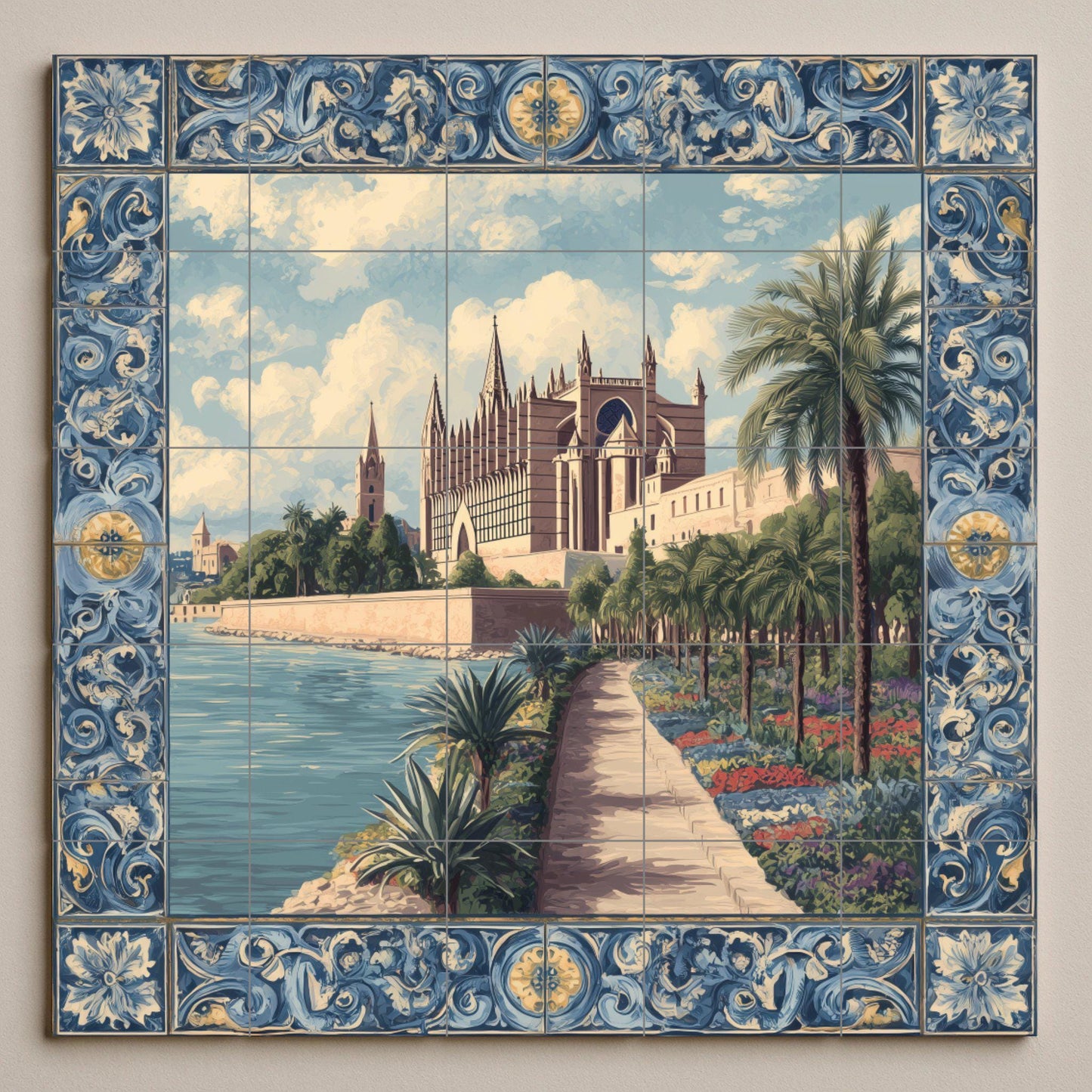 Tile mural of Palma Cathedral / Mediterranean mural art / Emblematic Spanish decoration / Gothic architectural scene / Handcrafted ceramic accent