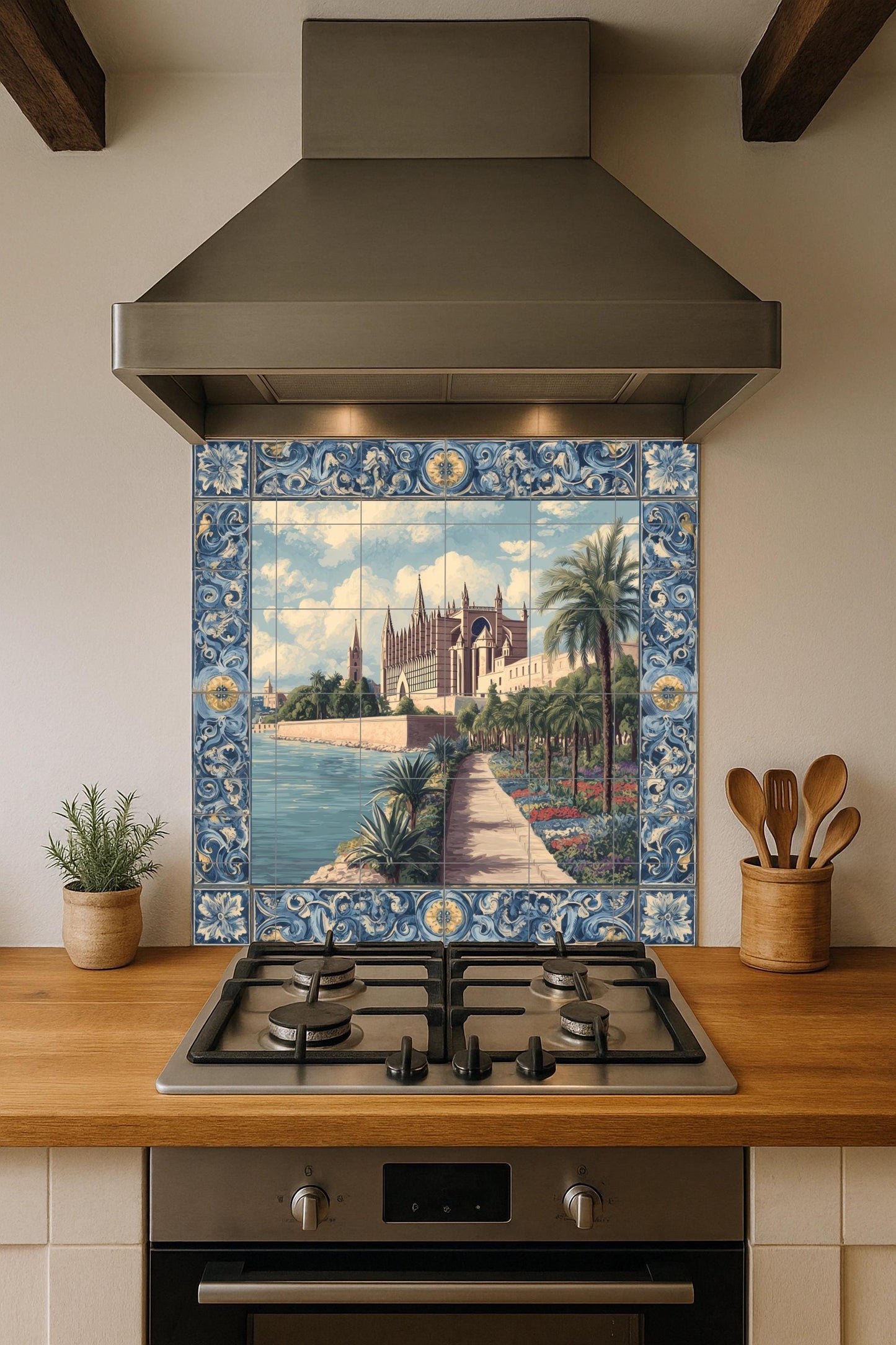 Tile mural of Palma Cathedral / Mediterranean mural art / Emblematic Spanish decoration / Gothic architectural scene / Handcrafted ceramic accent