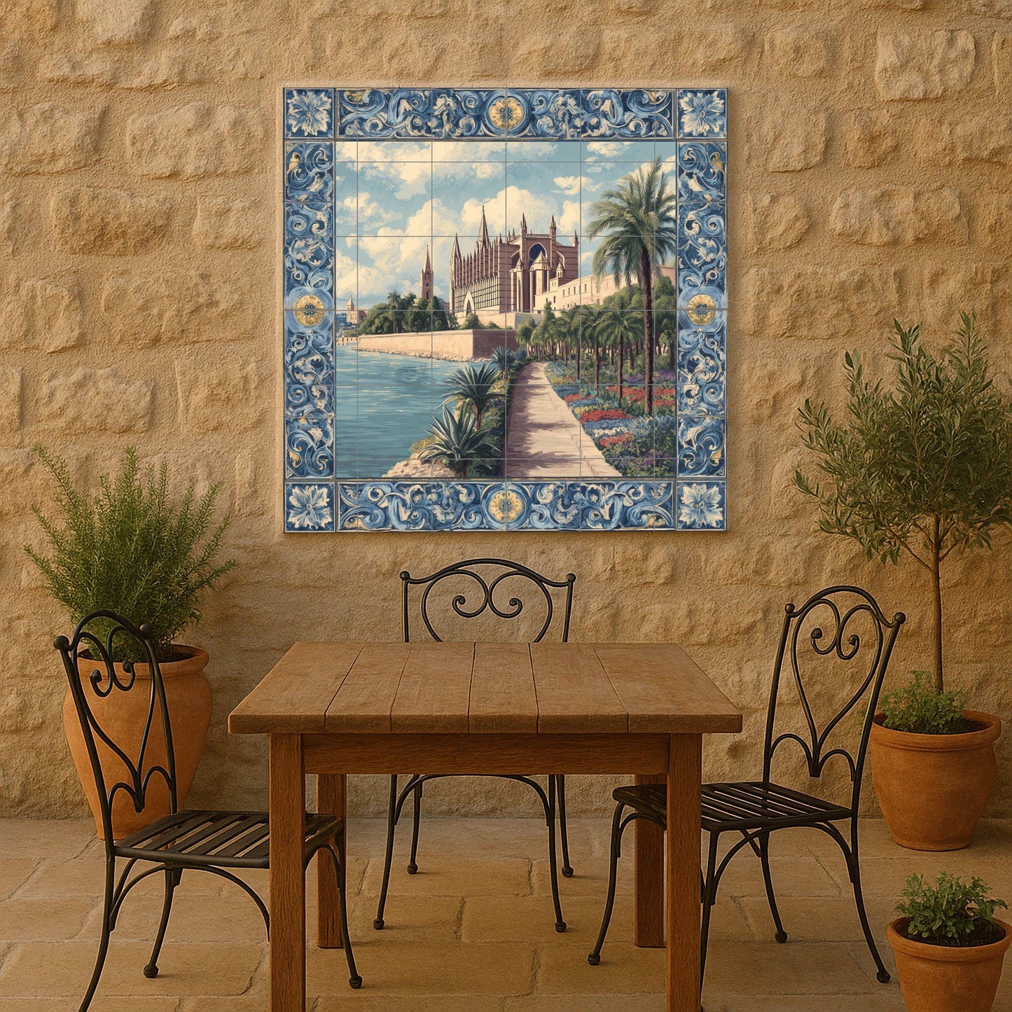Tile mural of Palma Cathedral / Mediterranean mural art / Emblematic Spanish decoration / Gothic architectural scene / Handcrafted ceramic accent