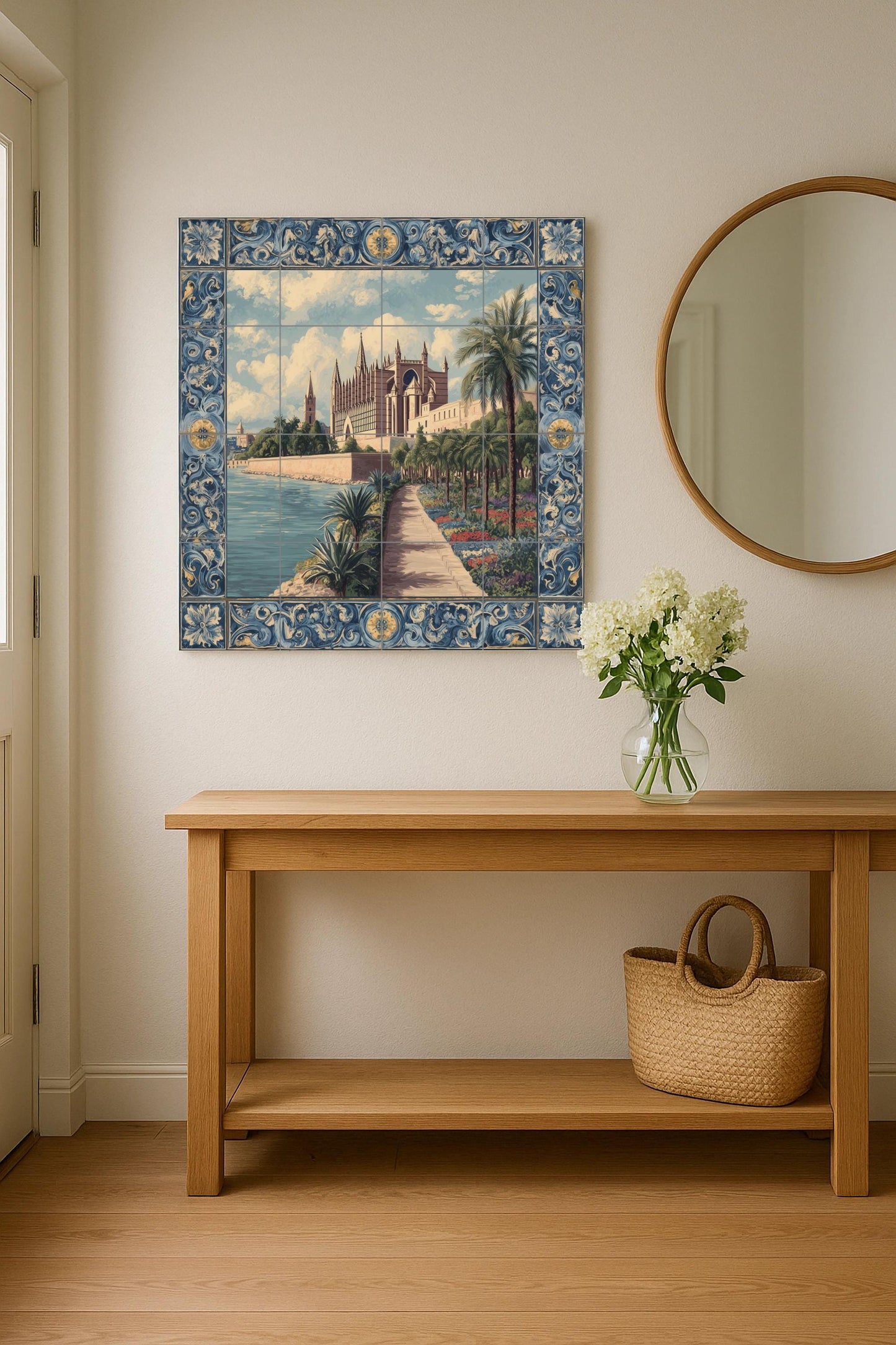 Tile mural of Palma Cathedral / Mediterranean mural art / Emblematic Spanish decoration / Gothic architectural scene / Handcrafted ceramic accent