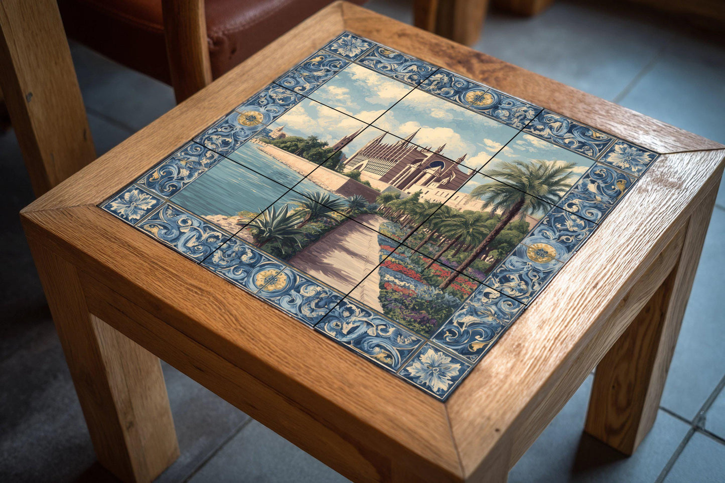 Tile mural of Palma Cathedral / Mediterranean mural art / Emblematic Spanish decoration / Gothic architectural scene / Handcrafted ceramic accent
