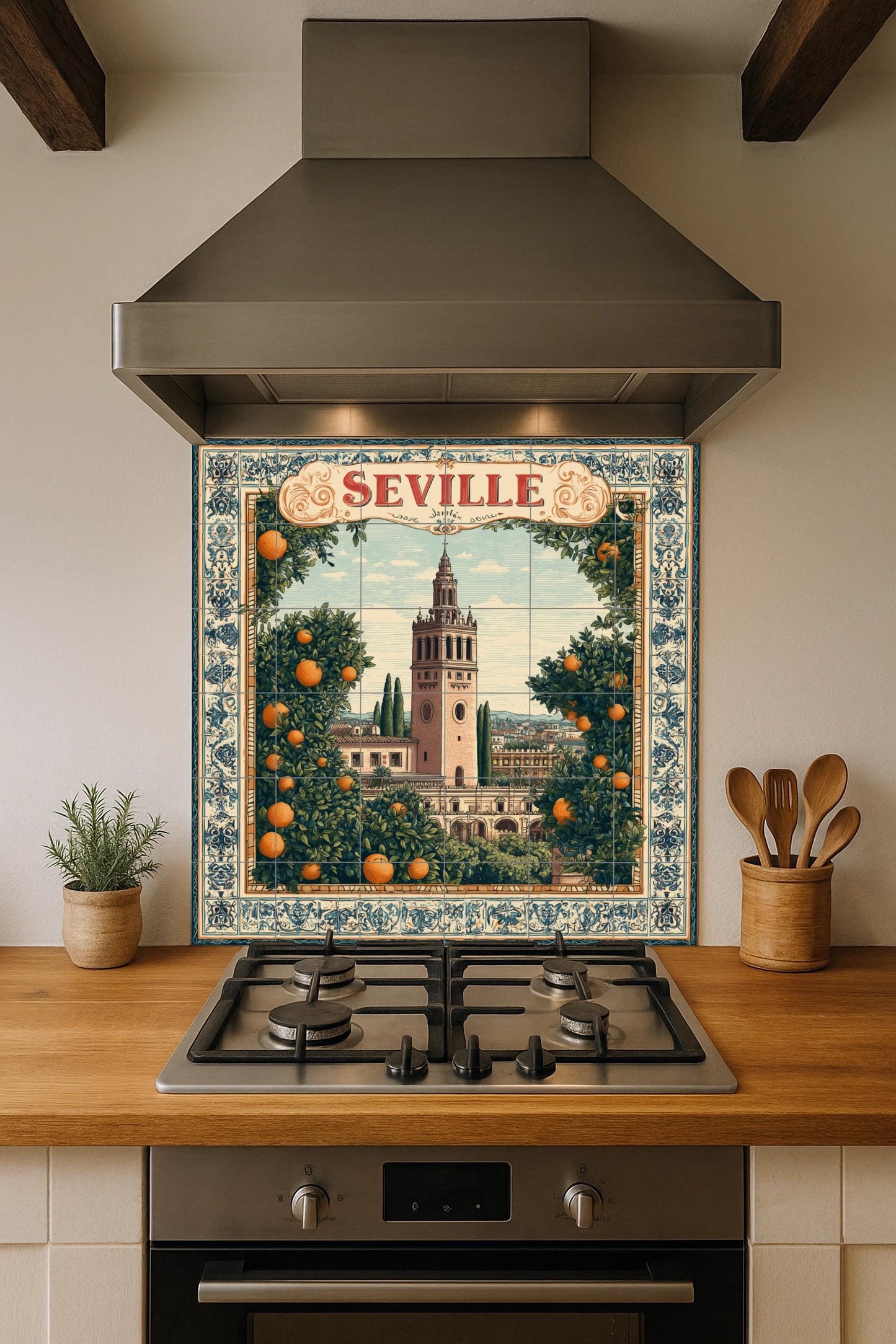 Seville tile mural / Giralda and orange trees / Spanish mural art / Mediterranean ceramic decoration / Handcrafted Spanish accent