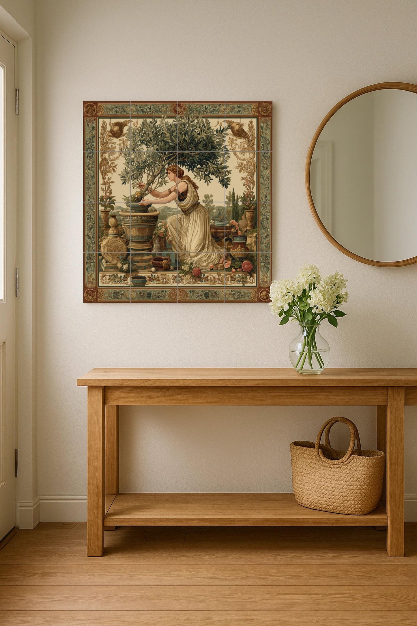 Roman goddess tile mural / Mediterranean mythology decor / Olive tree wall art / Classic ceramic accent / Handcrafted Roman tile