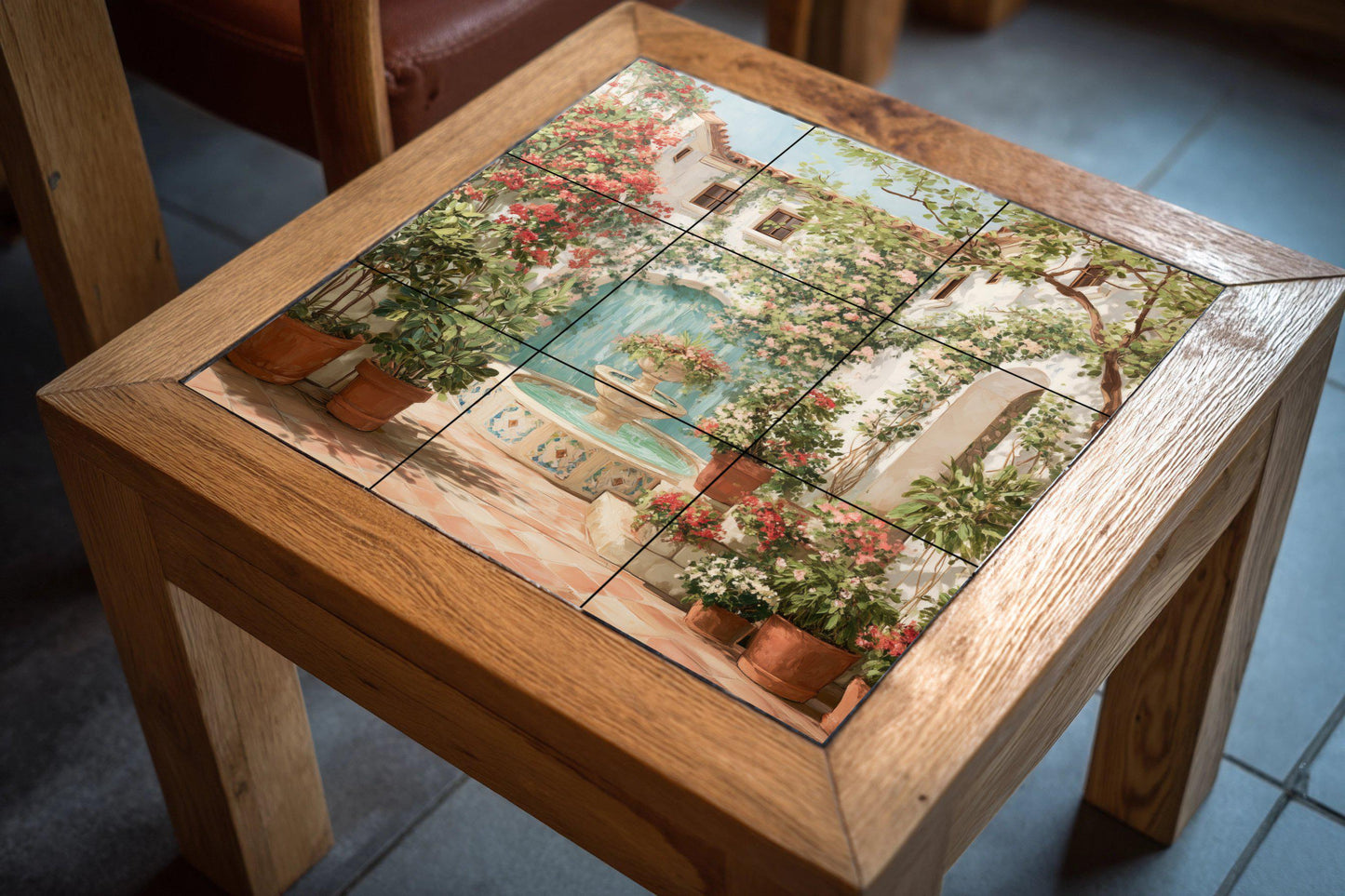 Spanish Patio Tile Mural / Mediterranean Patio Decor / Floral Wall Art / Fountain and Ivy Scene / Handcrafted Ceramic Accent