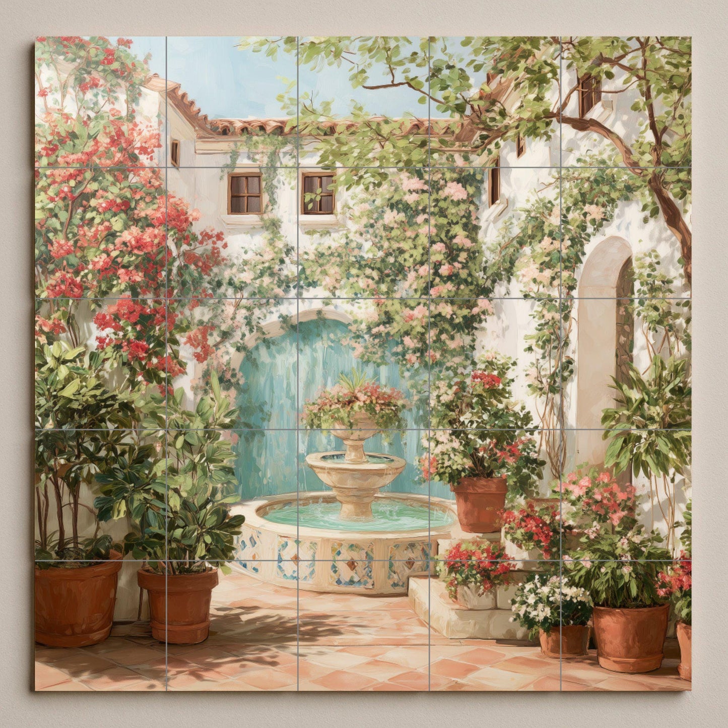Spanish Patio Tile Mural / Mediterranean Patio Decor / Floral Wall Art / Fountain and Ivy Scene / Handcrafted Ceramic Accent