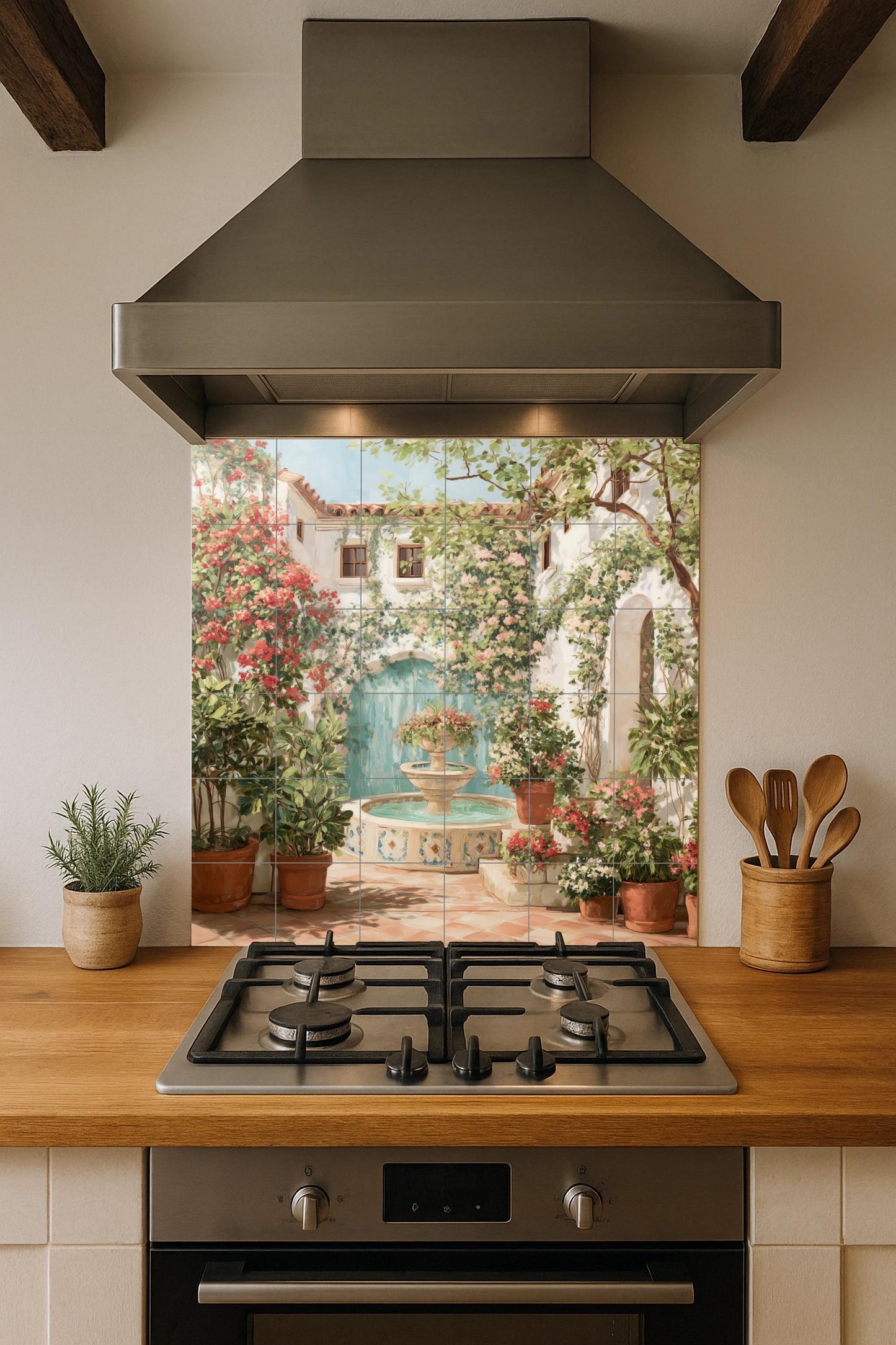 Spanish Patio Tile Mural / Mediterranean Patio Decor / Floral Wall Art / Fountain and Ivy Scene / Handcrafted Ceramic Accent