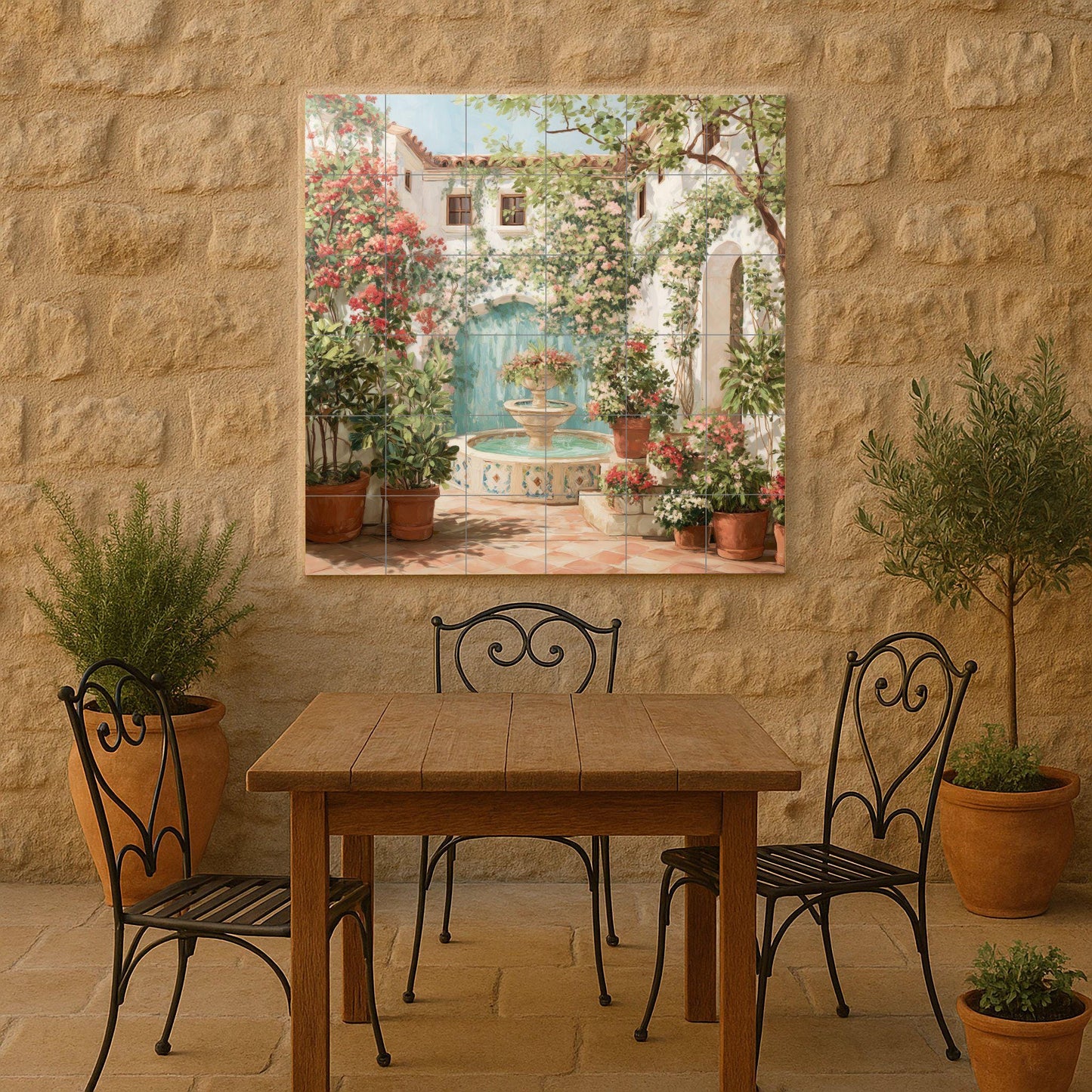 Spanish Patio Tile Mural / Mediterranean Patio Decor / Floral Wall Art / Fountain and Ivy Scene / Handcrafted Ceramic Accent