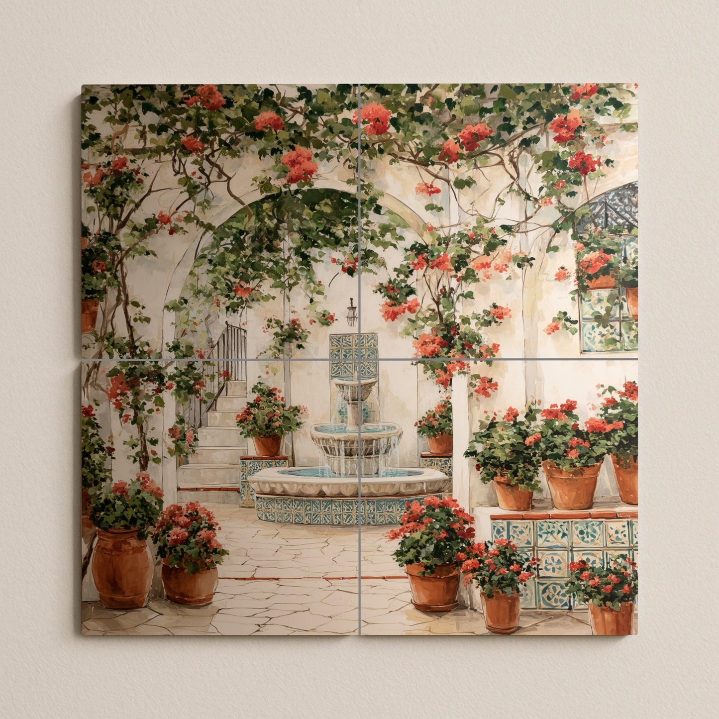Andalusian patio tile mural / Mediterranean patio decor / Floral wall art / Terracotta scene and fountain / Ceramic tile details