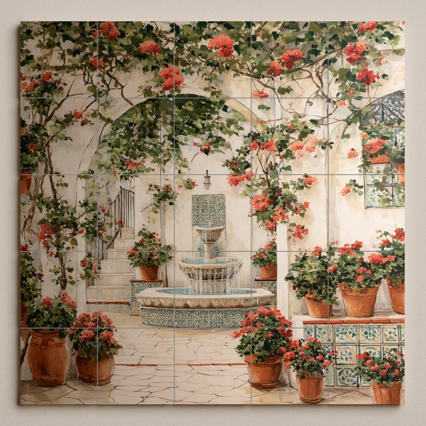 Andalusian patio tile mural / Mediterranean patio decor / Floral wall art / Terracotta scene and fountain / Ceramic tile details