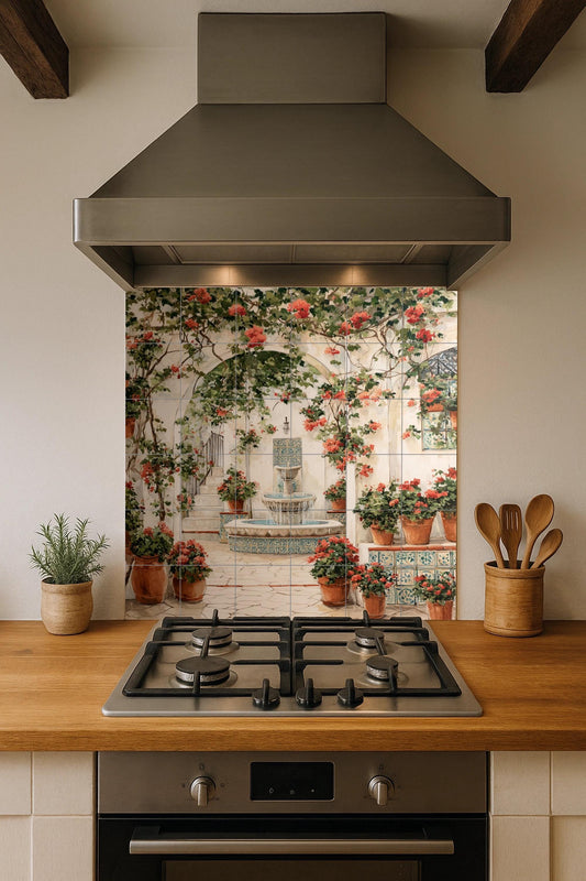 Andalusian patio tile mural / Mediterranean patio decor / Floral wall art / Terracotta scene and fountain / Ceramic tile details