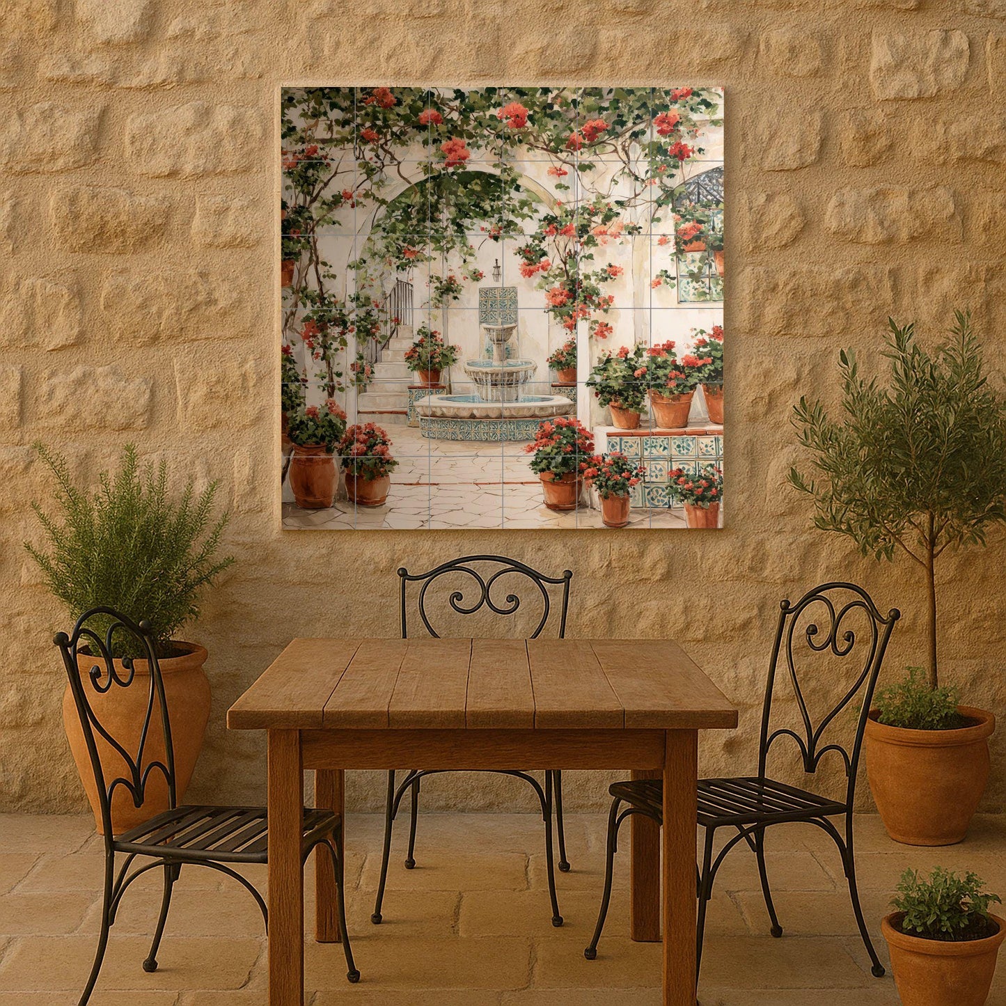 Andalusian patio tile mural / Mediterranean patio decor / Floral wall art / Terracotta scene and fountain / Ceramic tile details