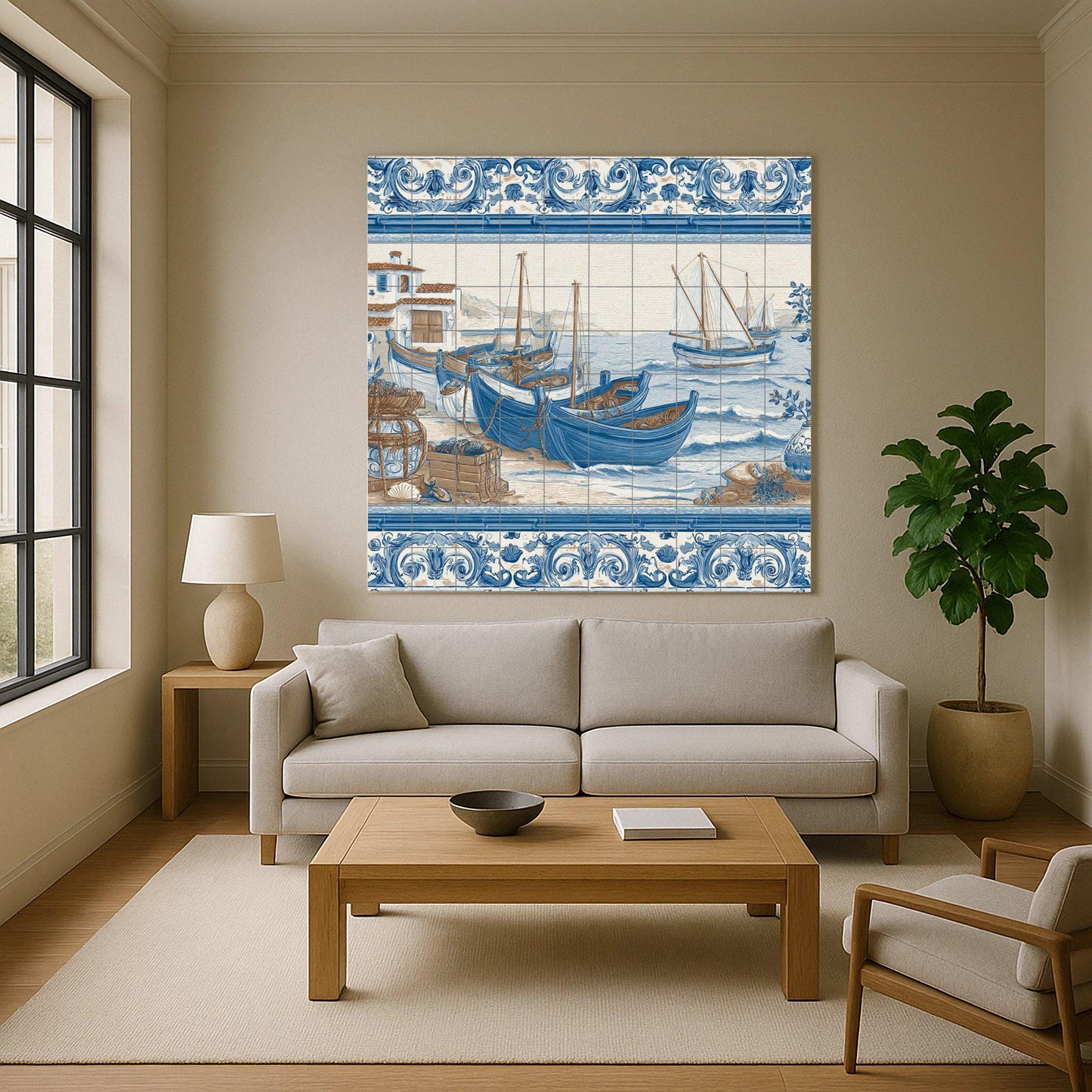 Tile mural with Mediterranean fishing boats / Coastal mural art / Blue ceramic tiles / Traditional coastal decor / Handmade nautical accent