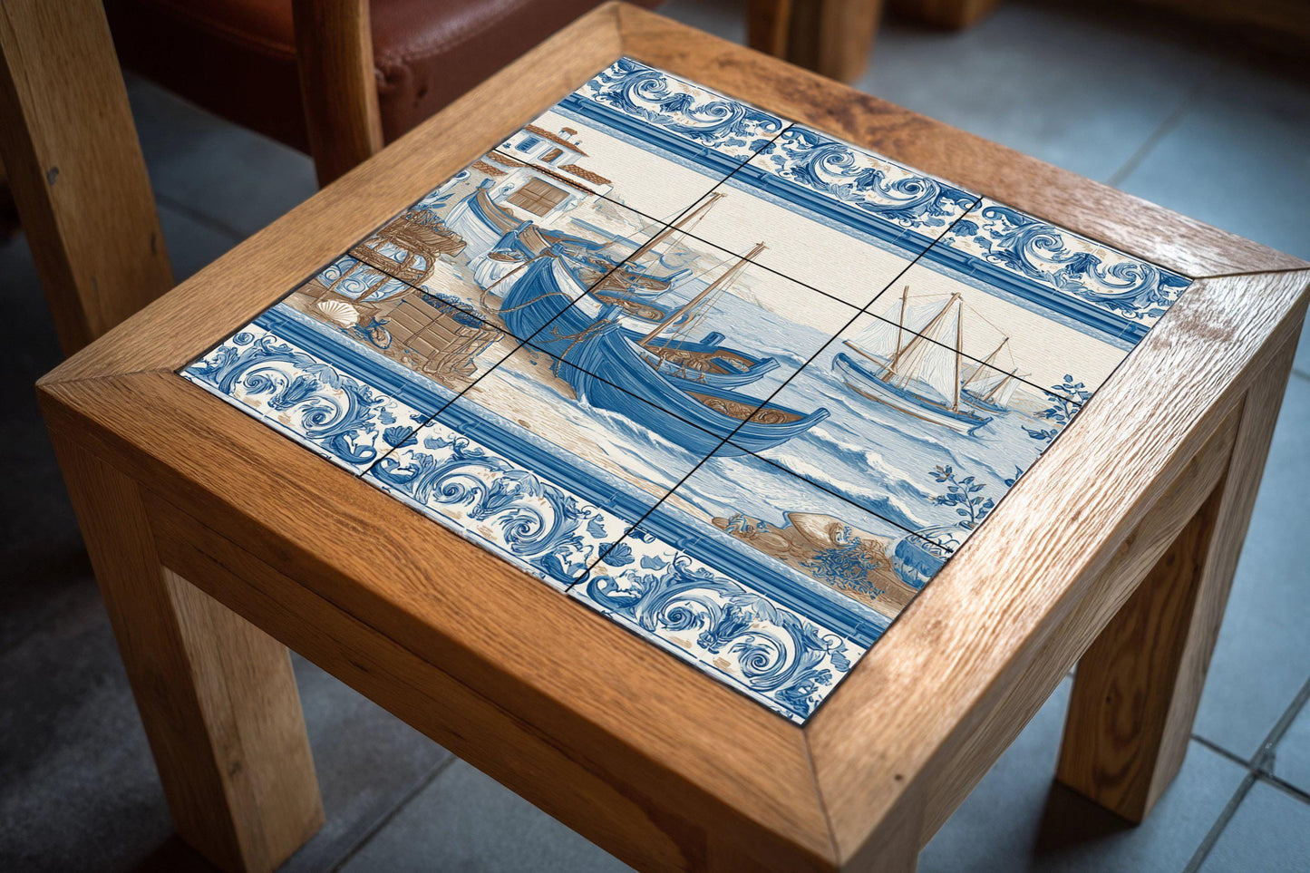 Tile mural with Mediterranean fishing boats / Coastal mural art / Blue ceramic tiles / Traditional coastal decor / Handmade nautical accent